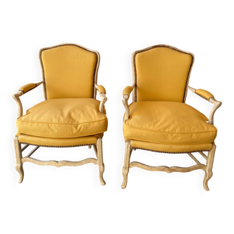 Pair of louis xiii style bergeres with white patina and yellow straw fabric