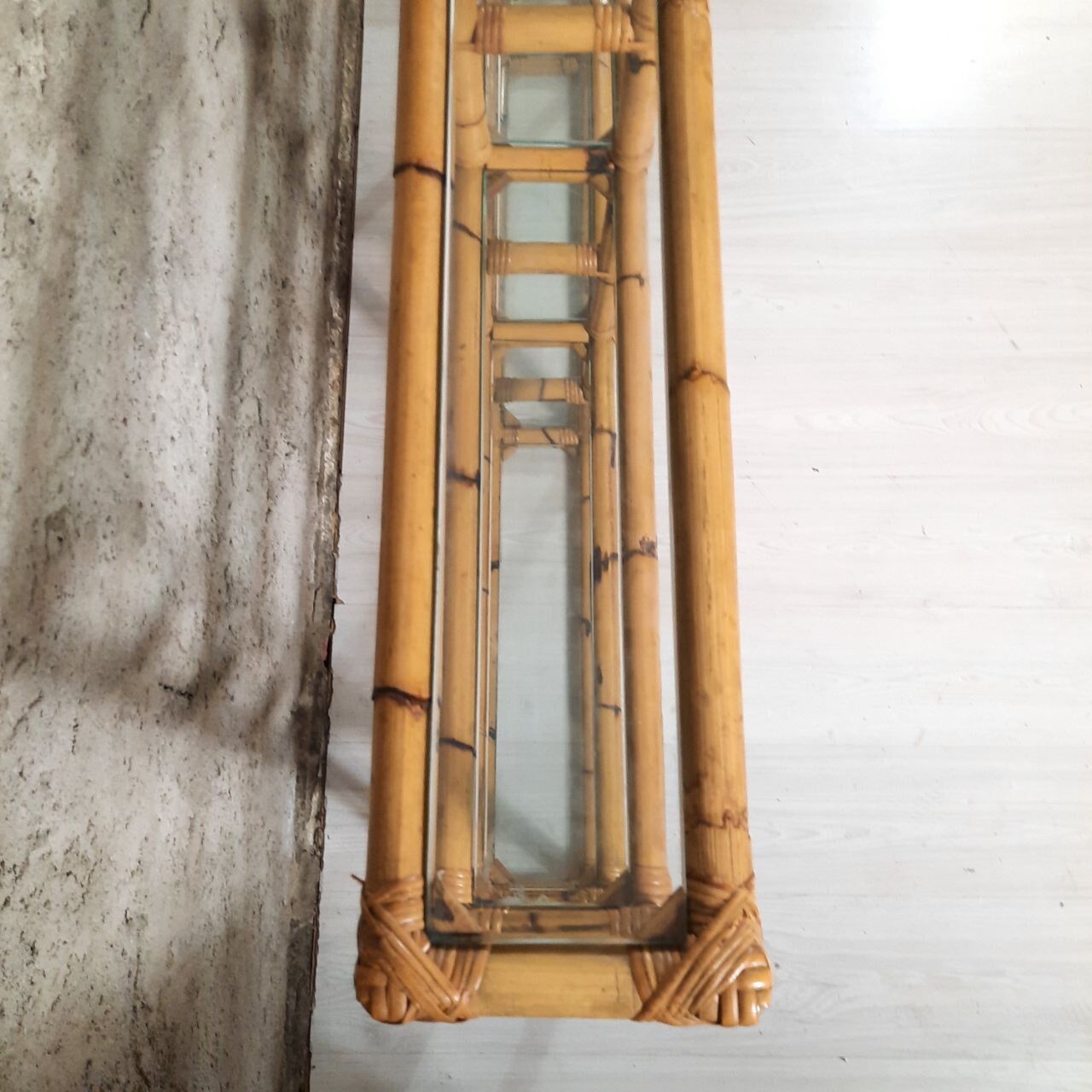 Bookcase, vintage bamboo shelf with glass shelves