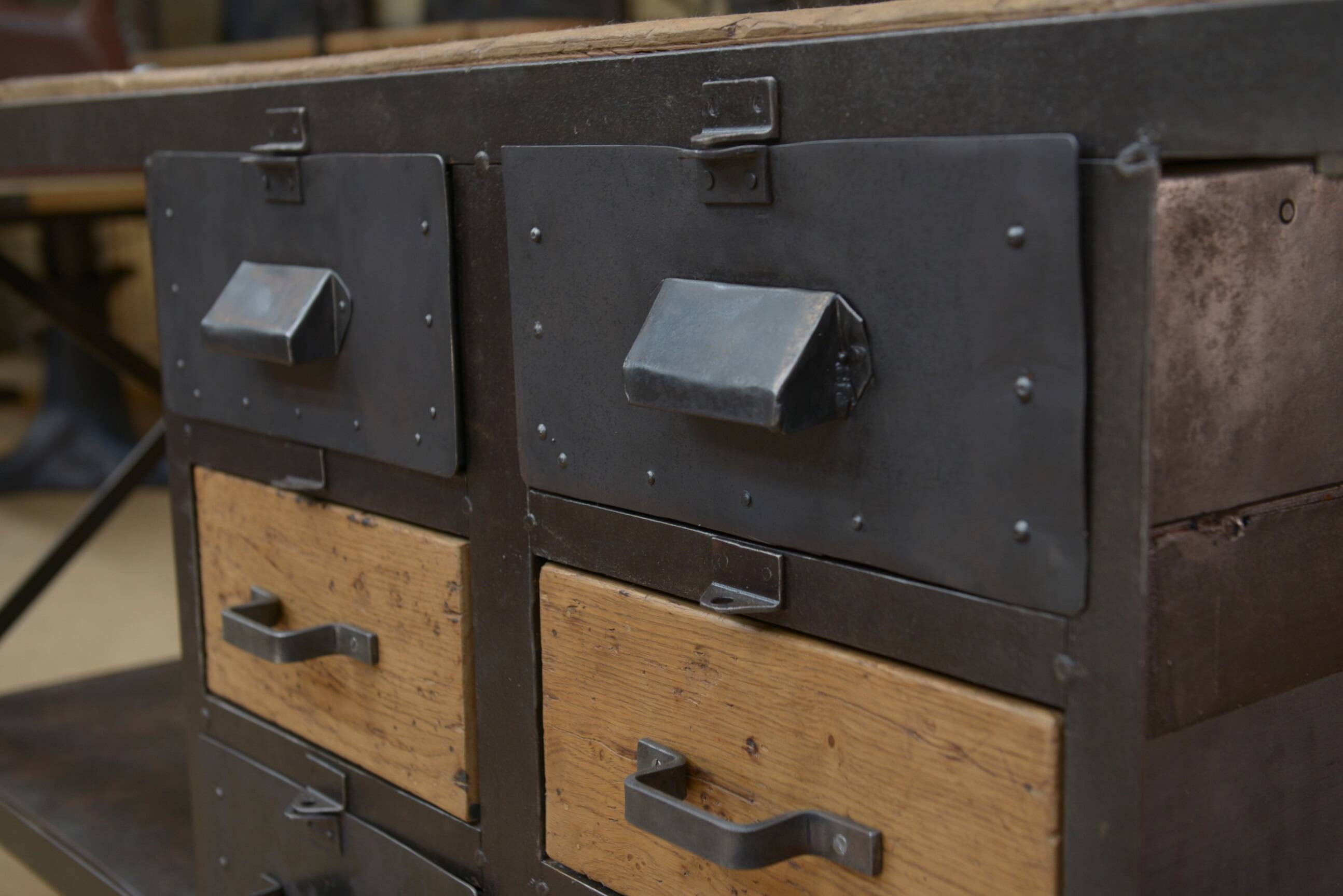 Industrial sideboard from metal and wood factory 1950