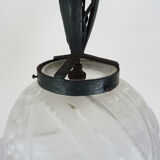 Art Deco hanging lamp in wrought iron Fournet and globe in glass paste