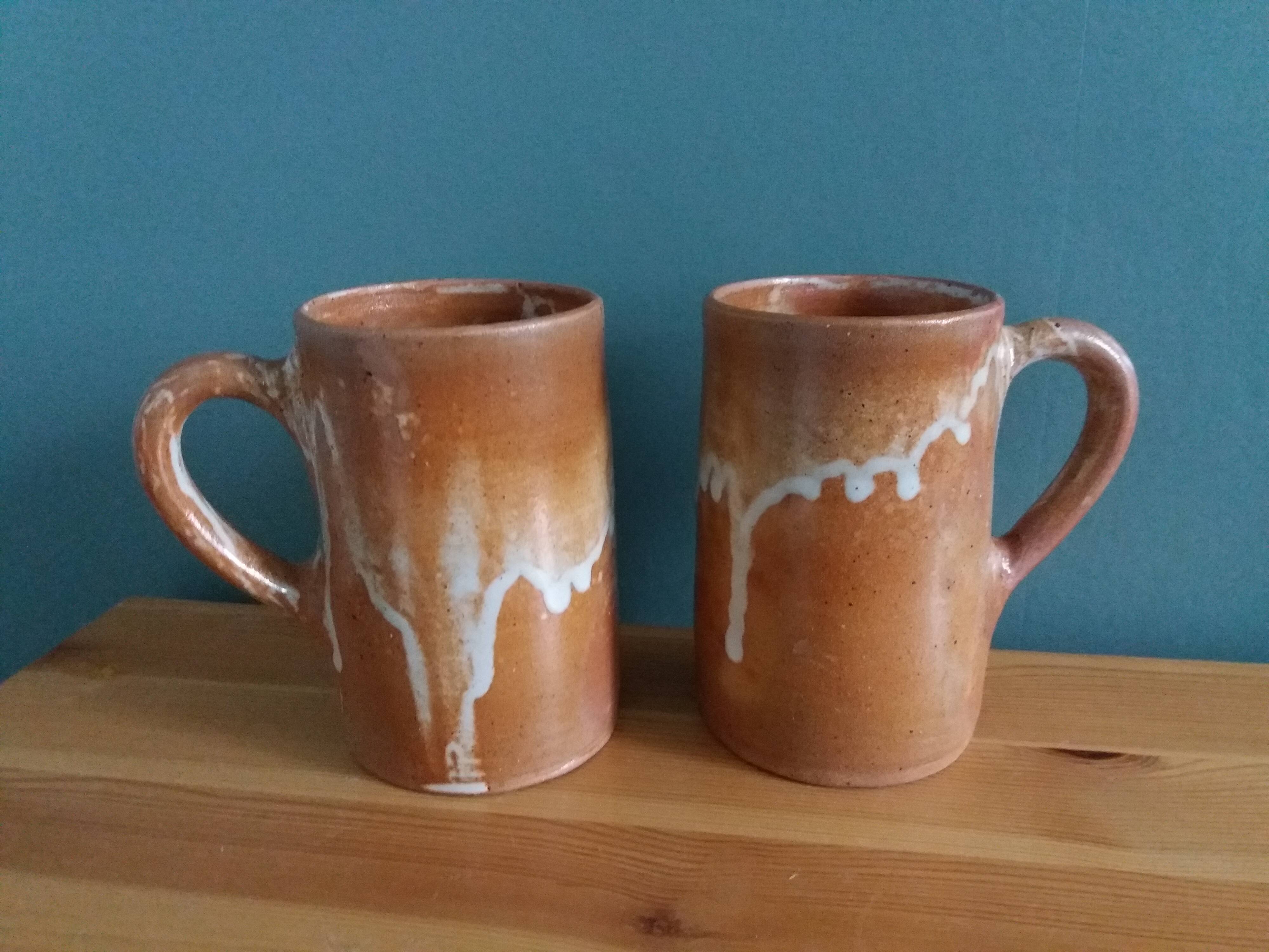 2 enameled stoneware mugs cups