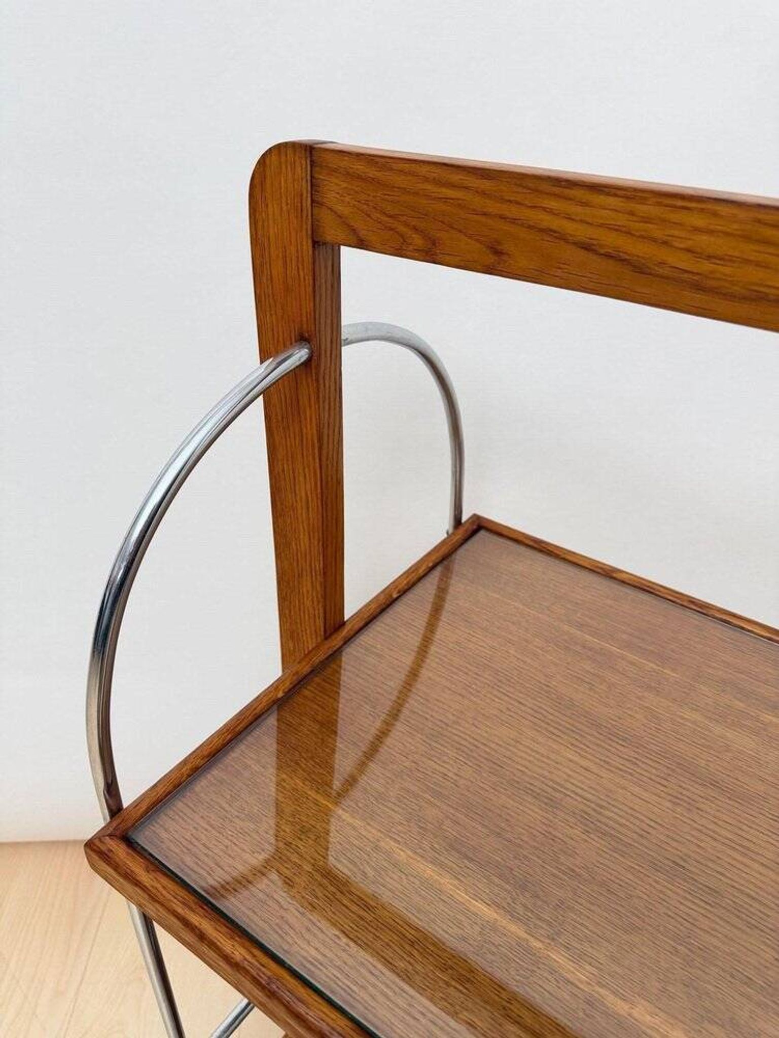 Art Deco serving trolley in oak, chrome & glass, France, 1930