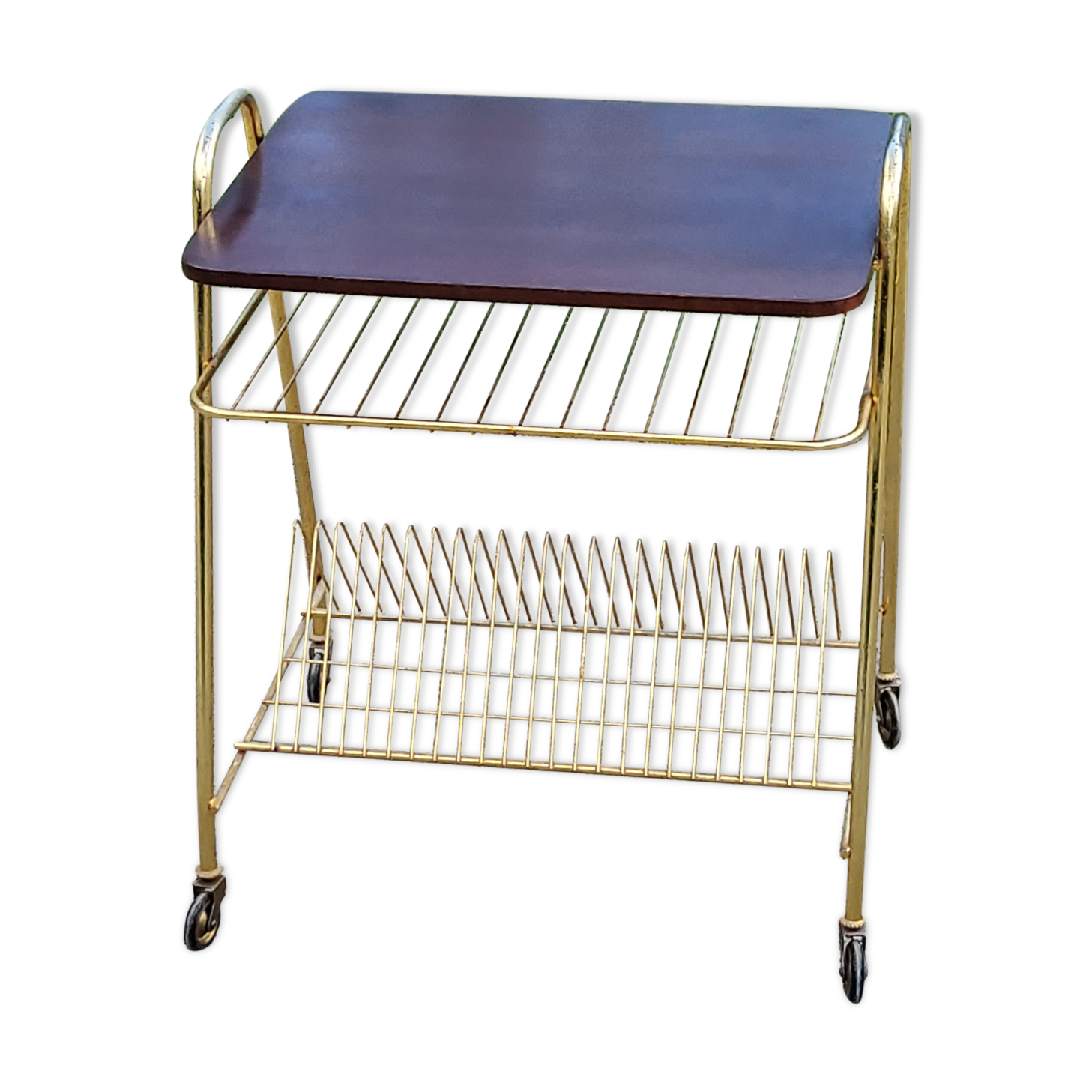 Side table of the 60s mahogany and gold metal range discs