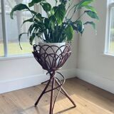 Tripod flower pot basket made of wicker, turned in the 1960s.