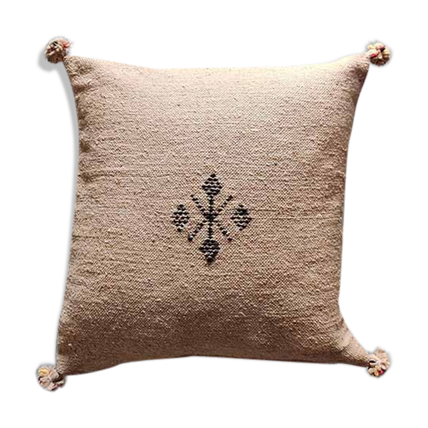 Coussin marocain beige à pompon en coton