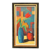 Original Swedish Oil on Canvas – “Tulips in Blue Vase” by Hugo Olsson – Signed – Vintage & Framed – 74 × 43 cm (29.1" × 16.9")