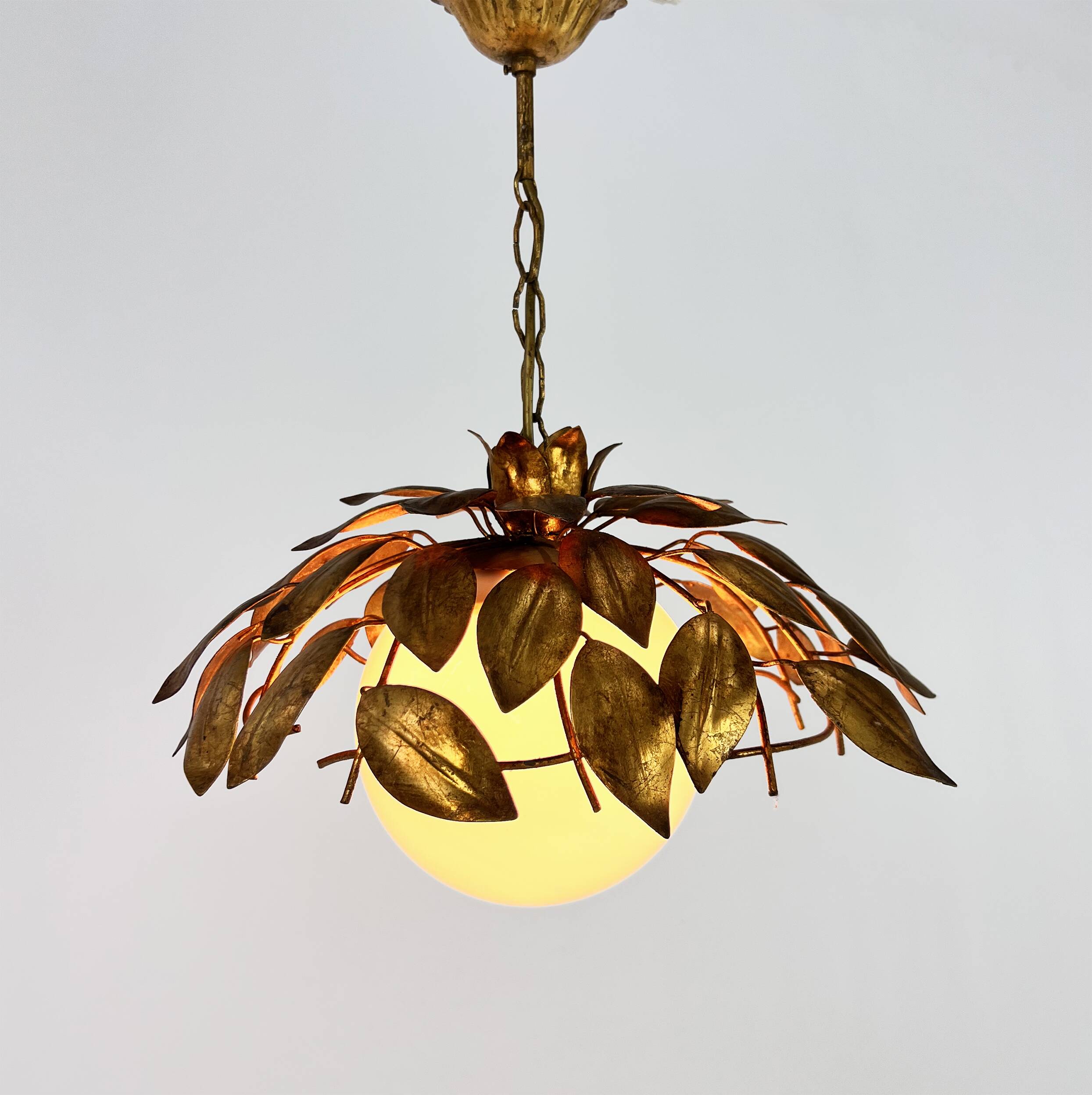 Vintage florentine gold pendant lamp with opaline glass bulb, 1960s