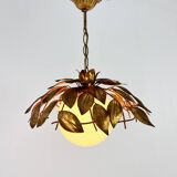 Vintage florentine gold pendant lamp with opaline glass bulb, 1960s