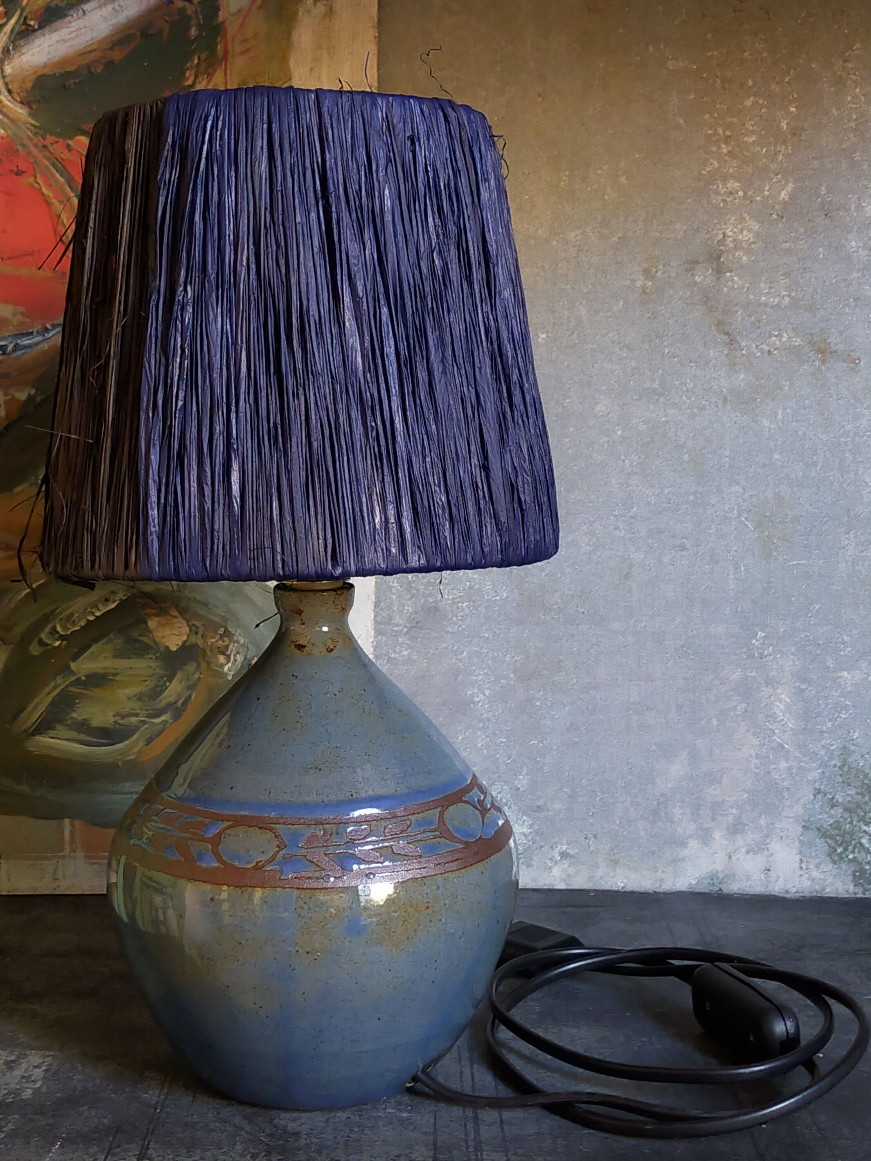 Vintage potter's ceramic table lamp, raffia lampshade