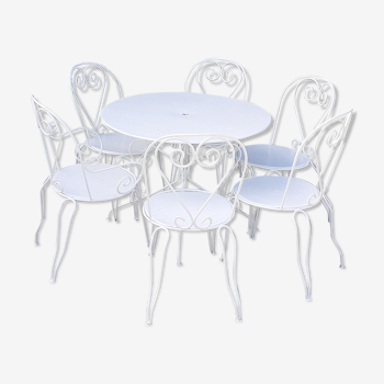 Salon de jardin 1 table 1 fauteuils 5 chaises fer forgé blanc ancien