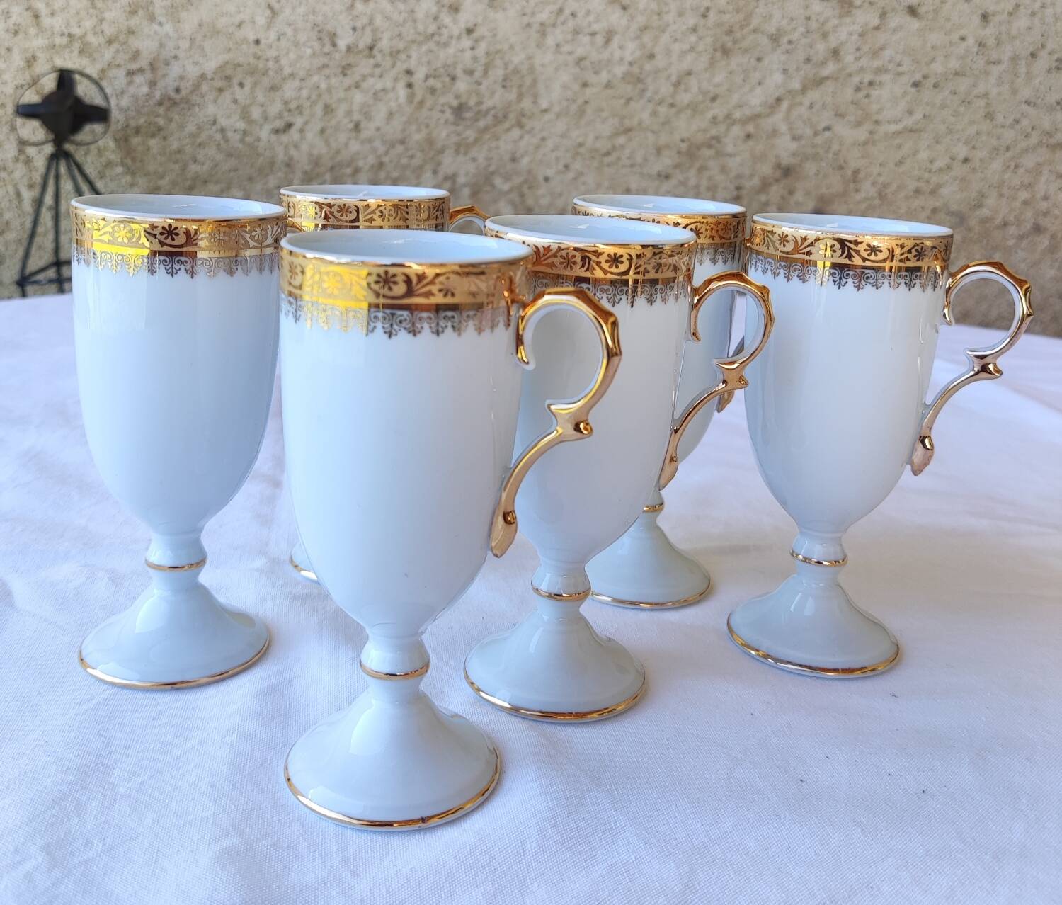 6 tall cups - Empire style - white and gold Limoges porcelain