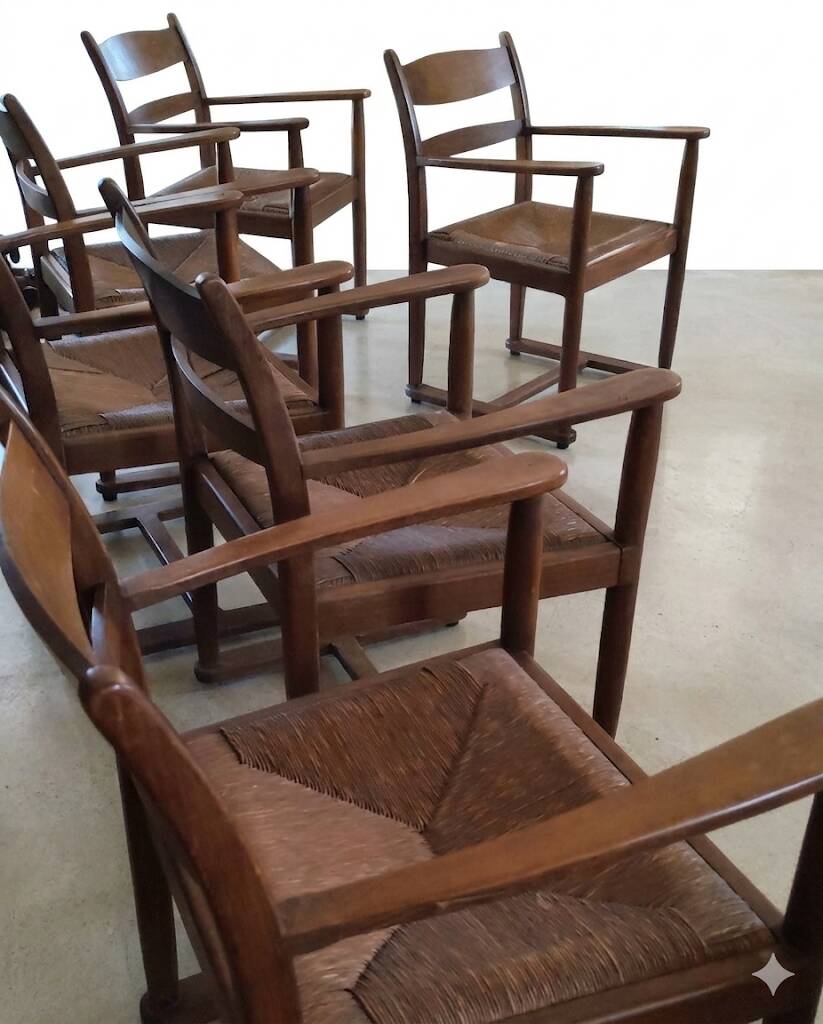 Set of 6 Brutalist dining chairs in Mid-century oak.