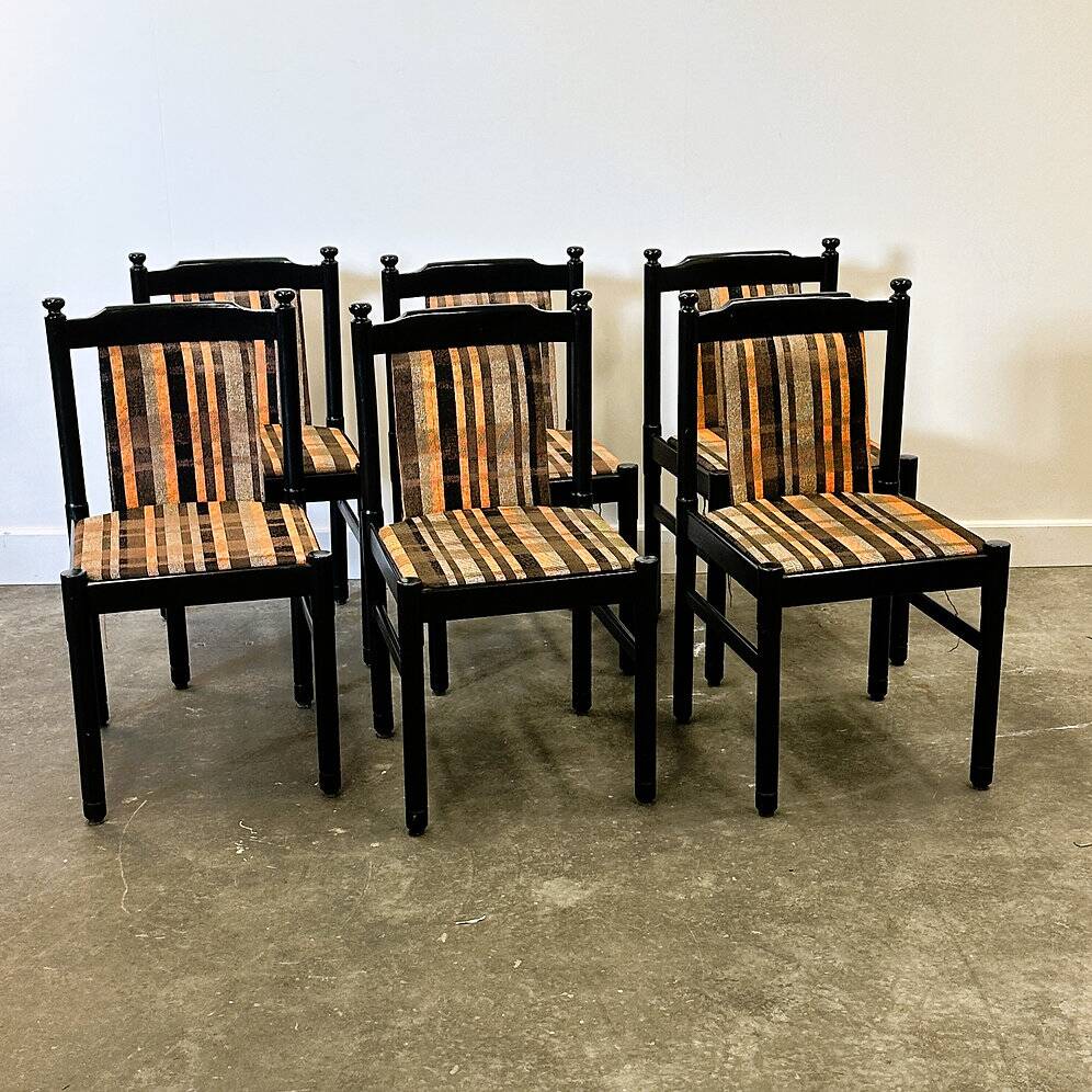 Set of 6 black lacquered chairs with the original 1970s fabric.