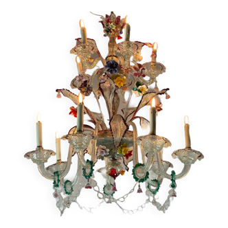 Lustre vénitien en verre de murano multicolore 12 bras de lumière sur deux niveaux