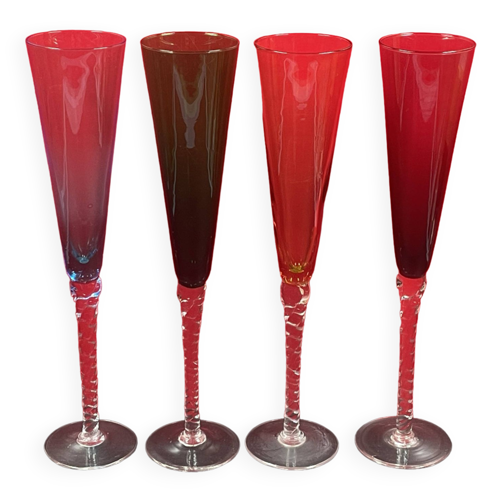 Service de 4 flûtes à champagne en verre multicolore pied torsadé XXe H
