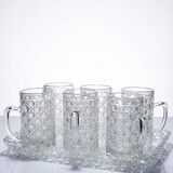 6 petites chopes et plateau vintages/anciennes en verre pressé style art déco