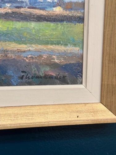 Swedish Oil on panel "Silhouette over Örebro" by HARRY THOMANDER, Framed 46x26cm