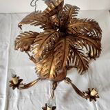 Vintage 1970s gold-tone metal palm tree chandelier with 6 arms