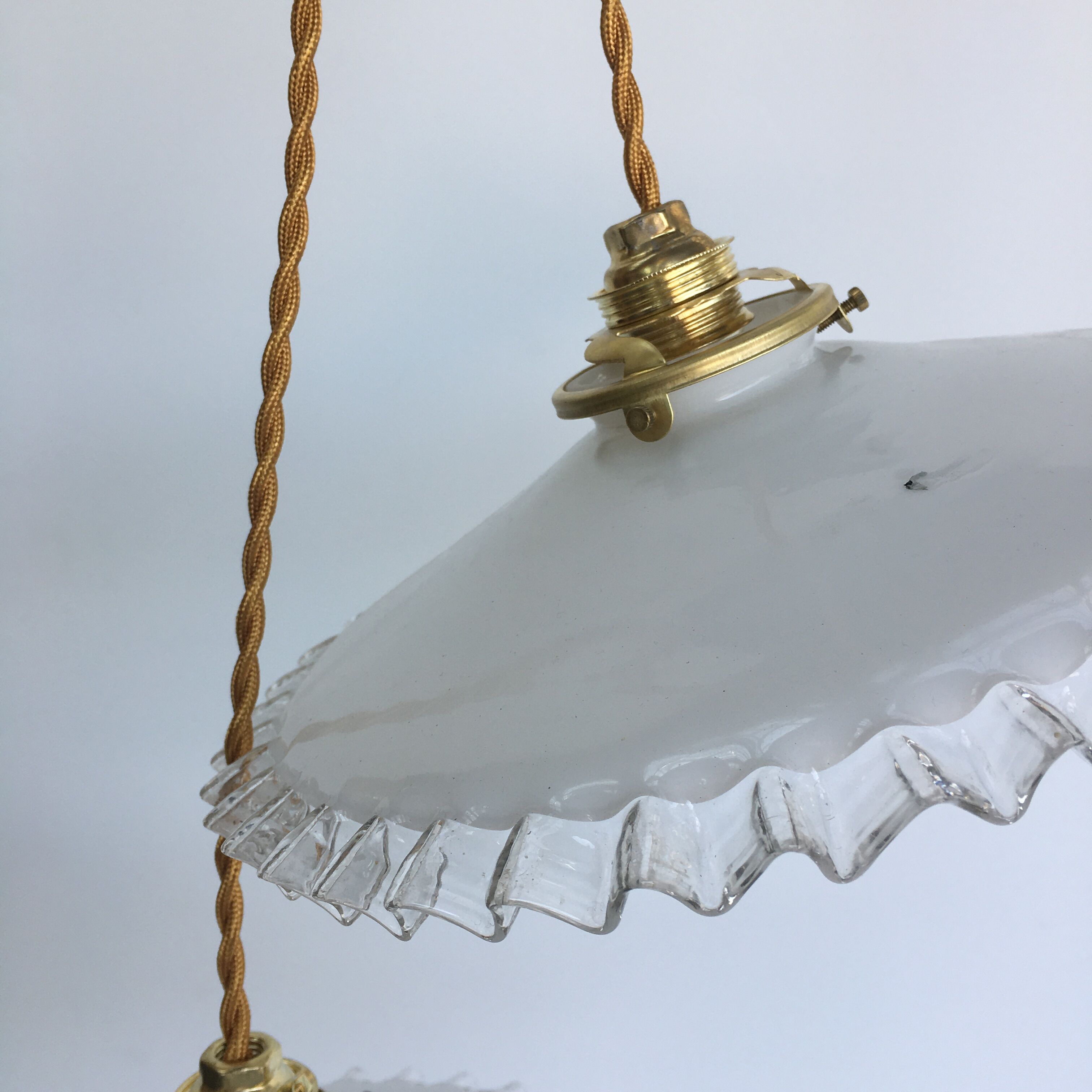Pair of white opaline and toothed edges hanging lamps