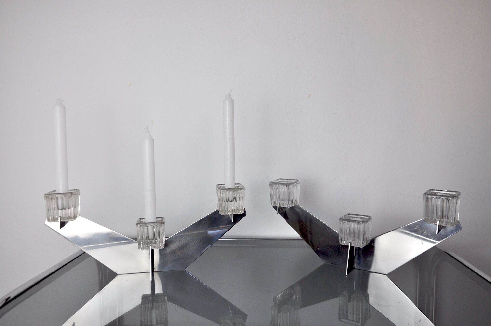 Pair of Peill & Putzler candlesticks, glass and metal, Germany, 1970