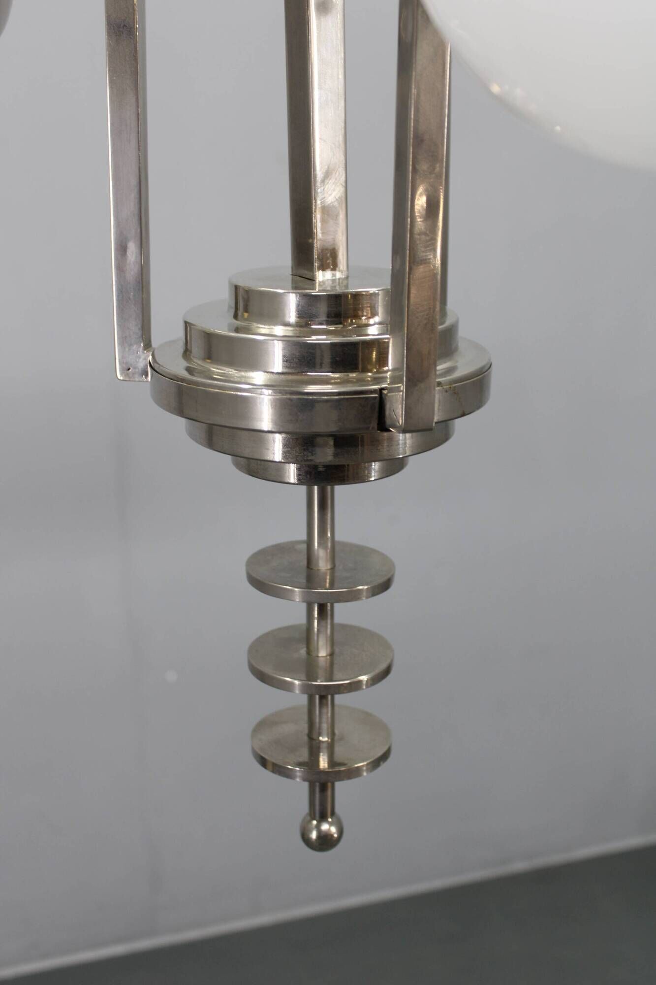 Czechoslovak Art Deco nickel chandelier with three opaline glass globes