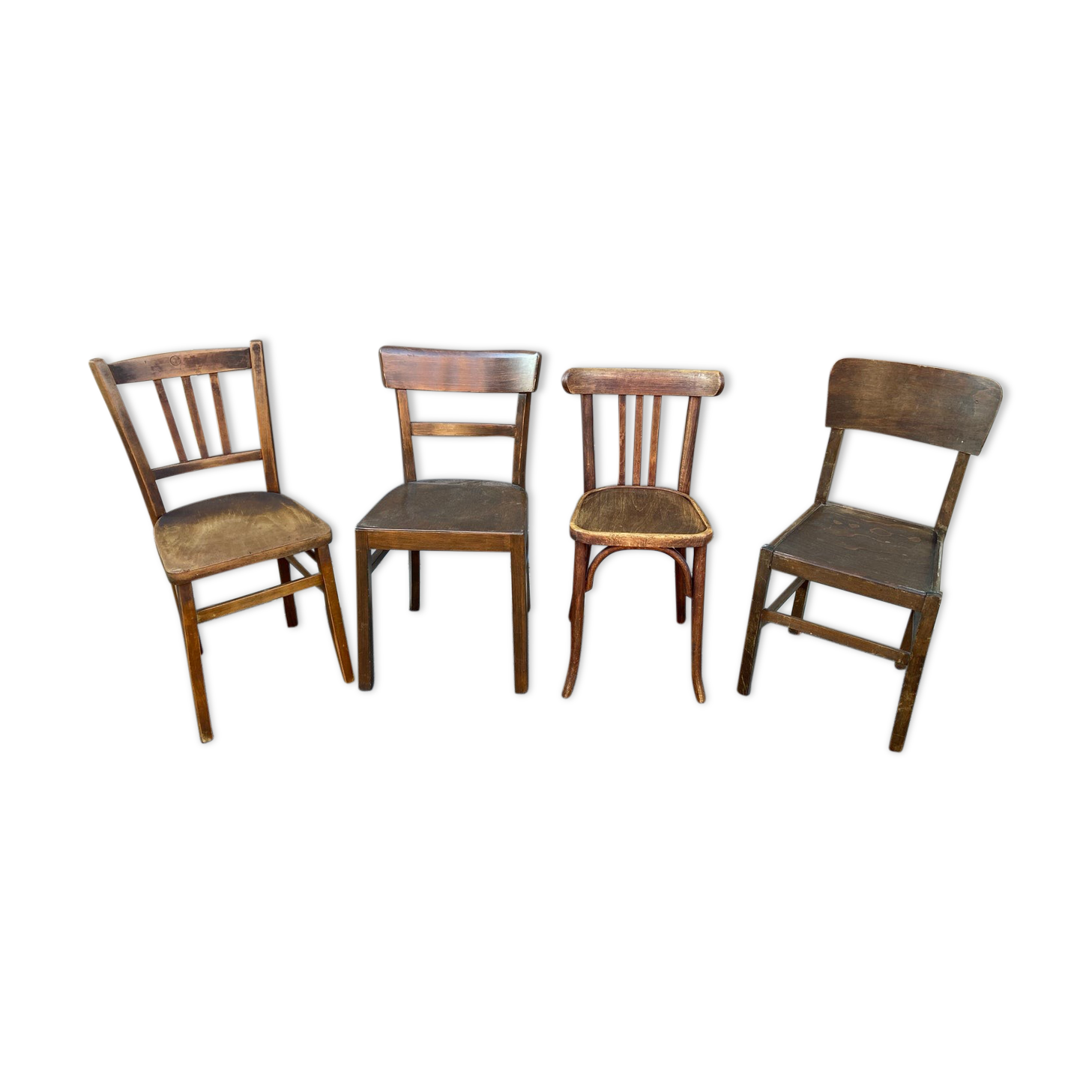 4 mismatched bistro chairs curved wood