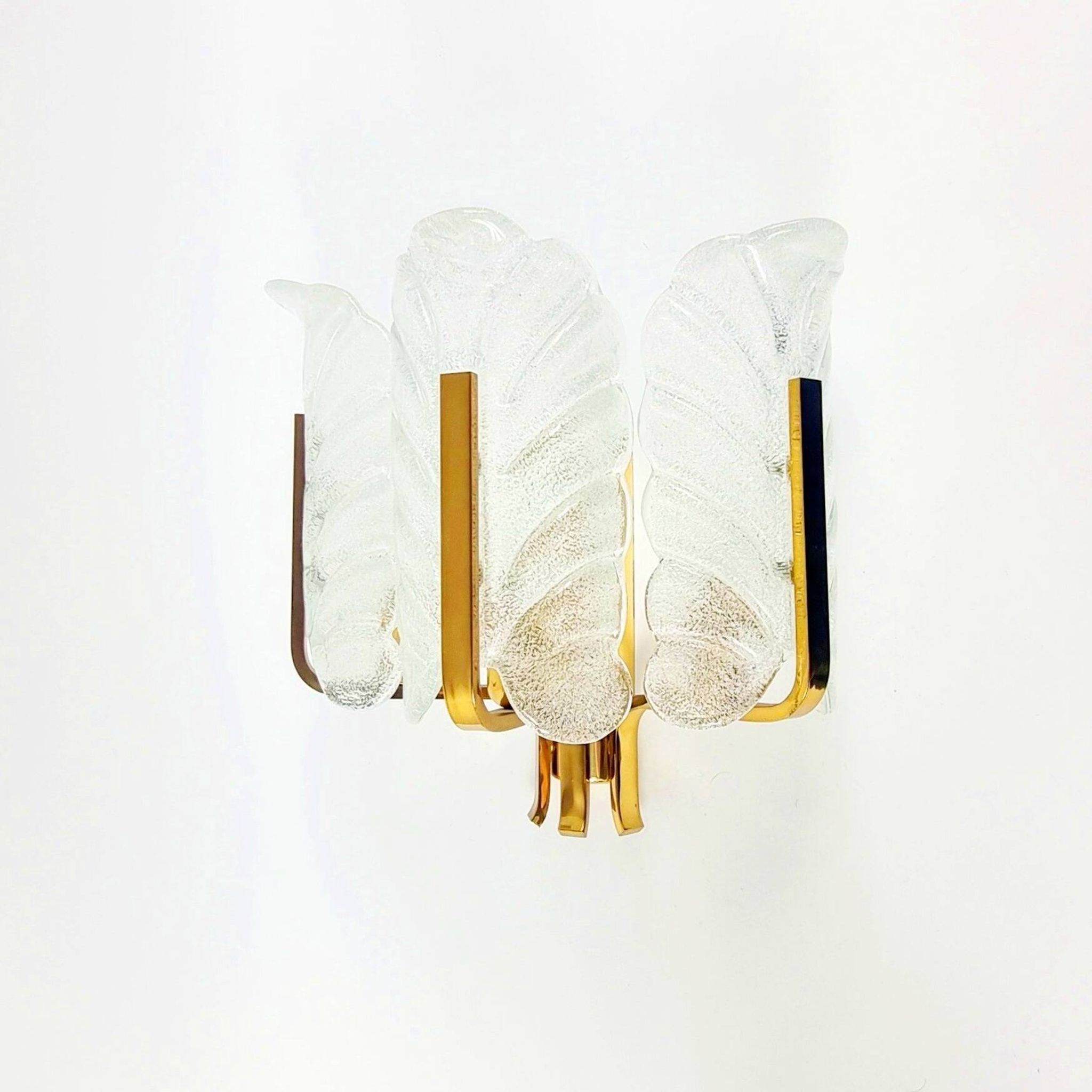 Pair Of Large Scandinavian Glass & Brass Leaf Wall Lights/Sconces By Carl Fagerlund, 1960s
