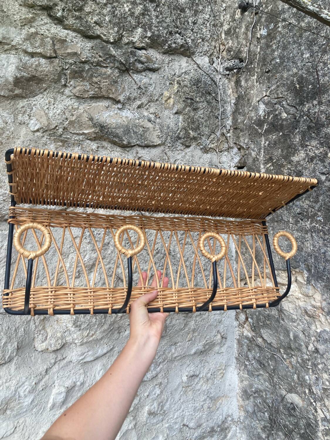 Vintage rattan wall coat rack