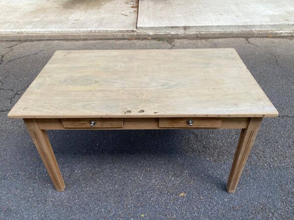 Table de ferme rénovée en bois massif brut à 2 tiroirs 1920 140x80cm