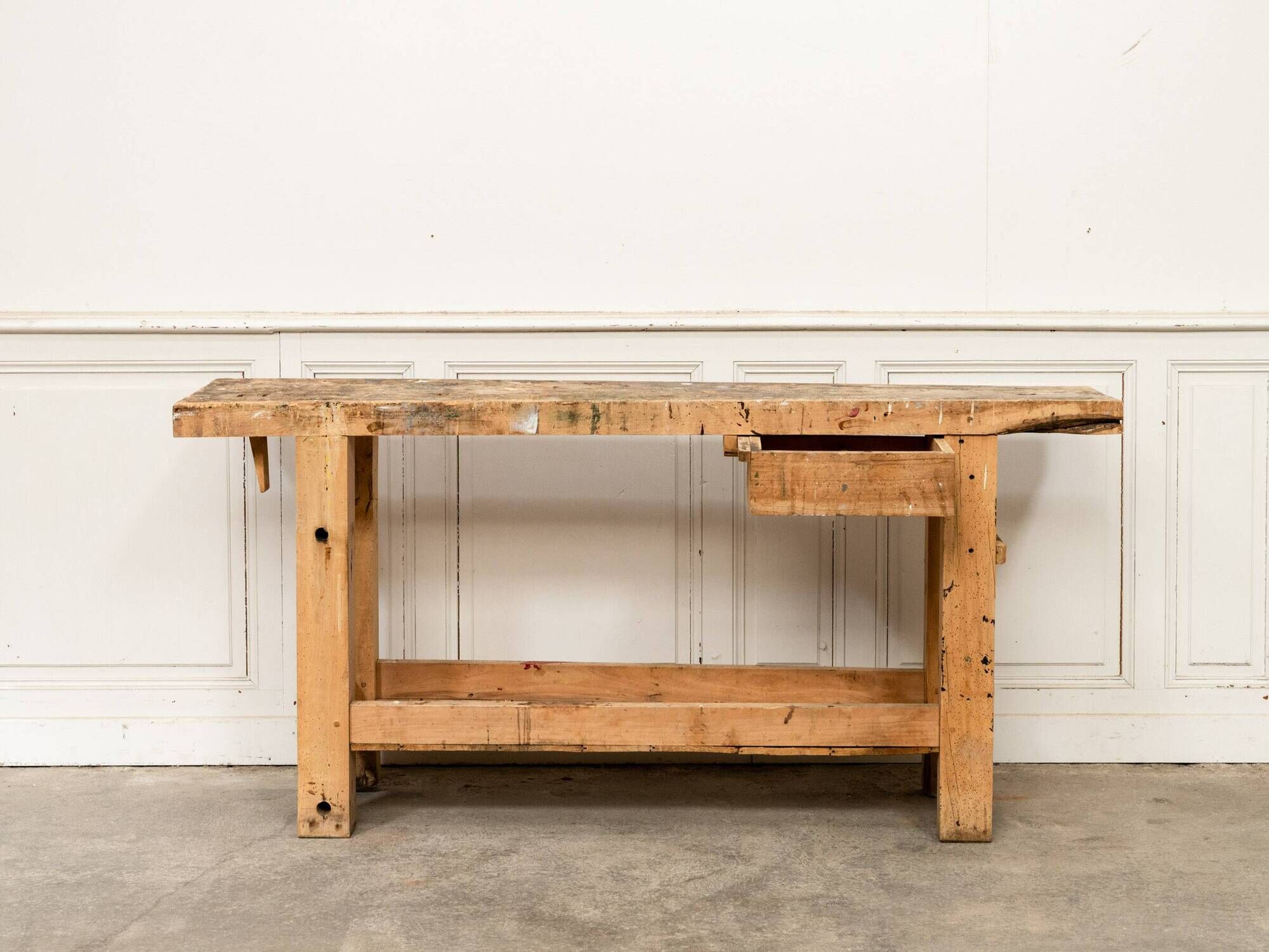 Old small workbench with drawer, beautiful original patina, 1920.