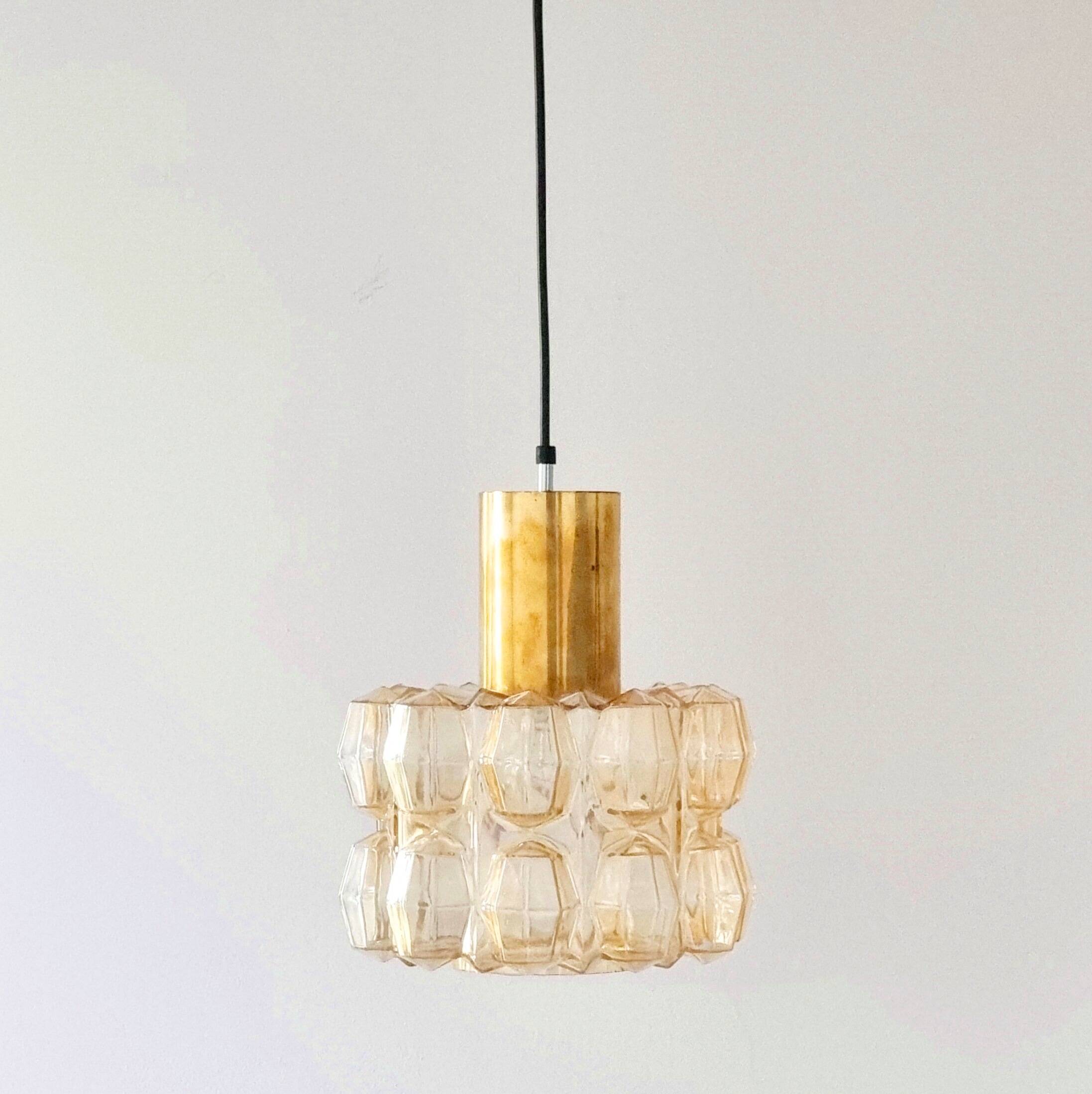 Large Amber Diamond Glass Ceiling Light/Pendant by Helena Tynell for Limburg, Germany, 1960s