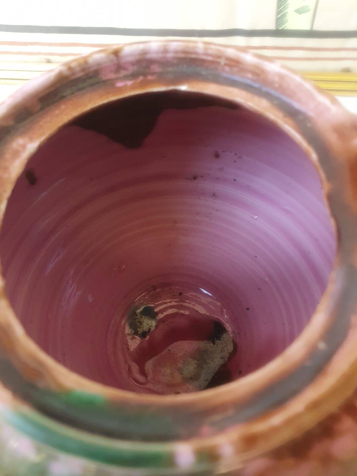 Jug pitcher Provençal earthenware glazed with pink and green glaze.