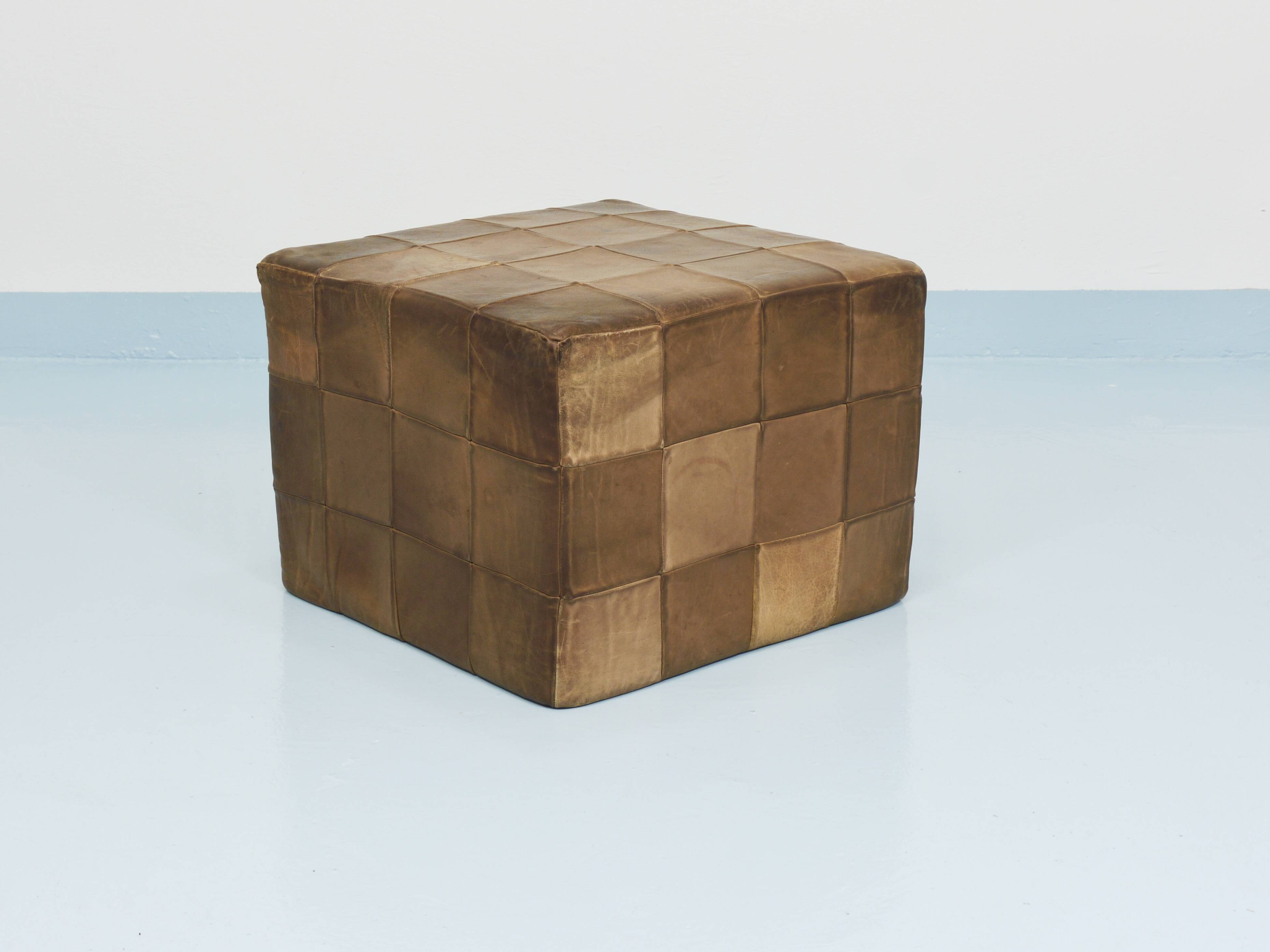 De Sede Patchwork Leather Cube Stool, Pouf, Ottoman, Switzerland, 1970s