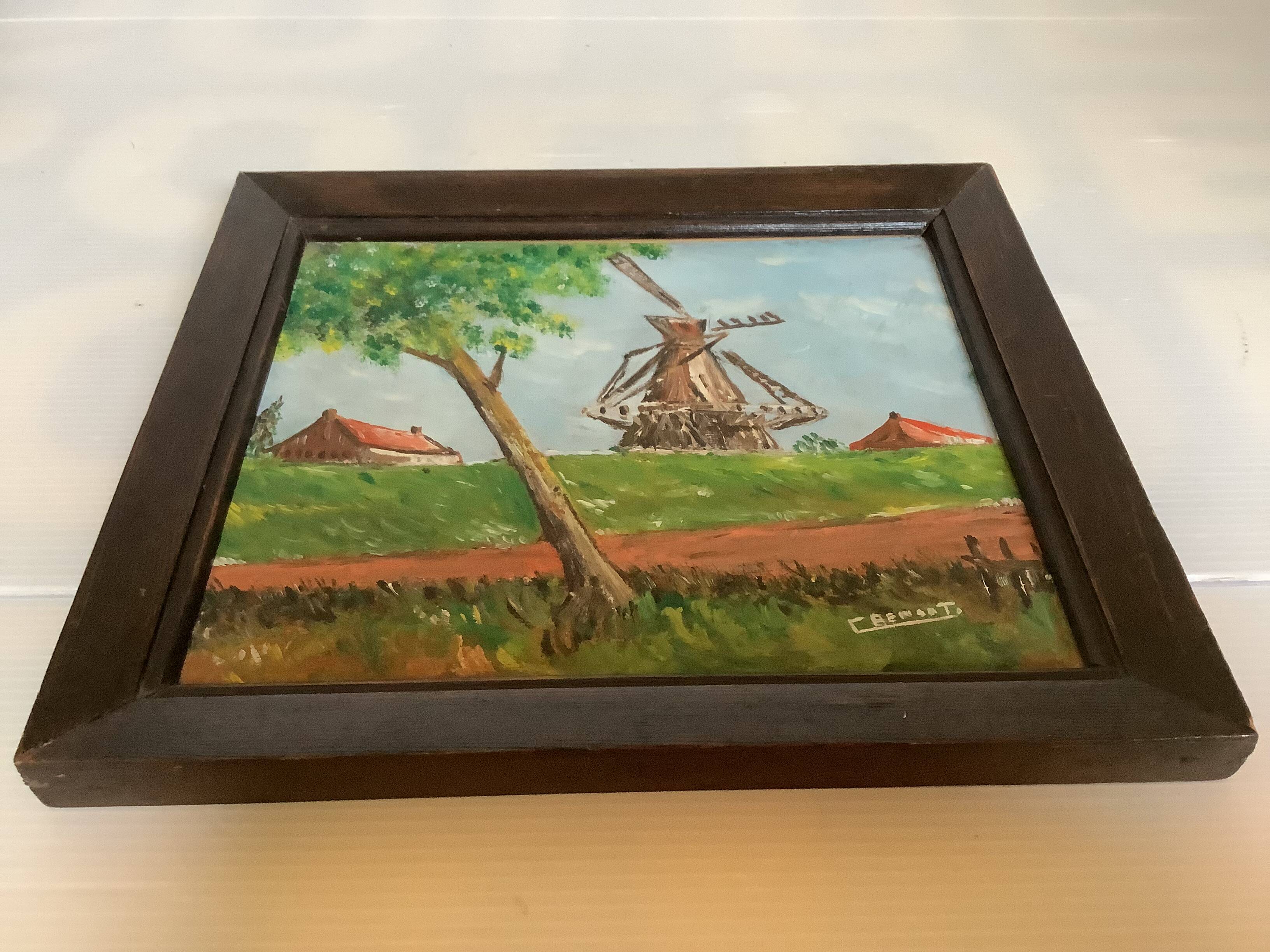 Small landscape painting of a mill, oil on panel, signed.