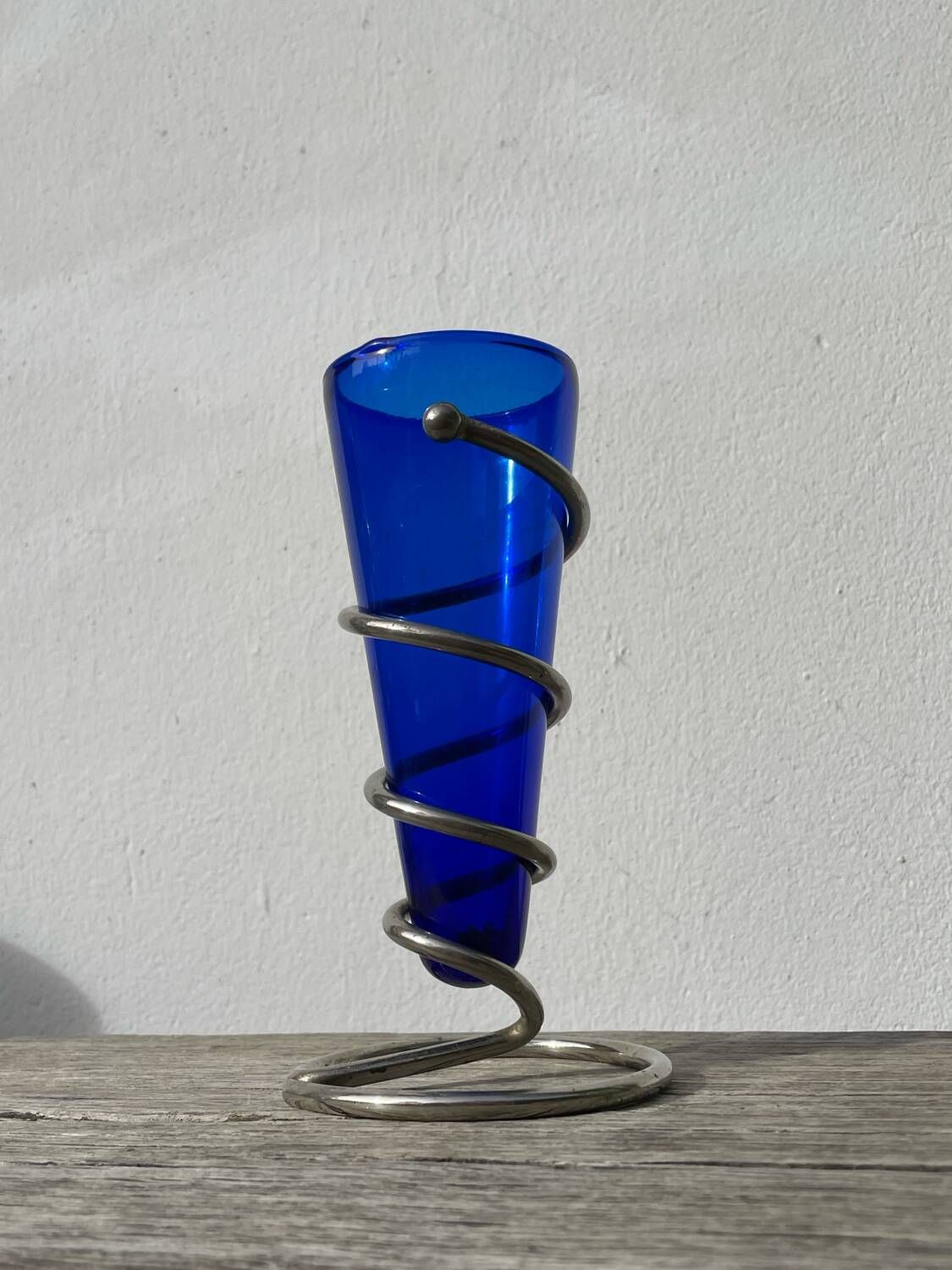Small vase in cobalt blue glass and metal, 1980