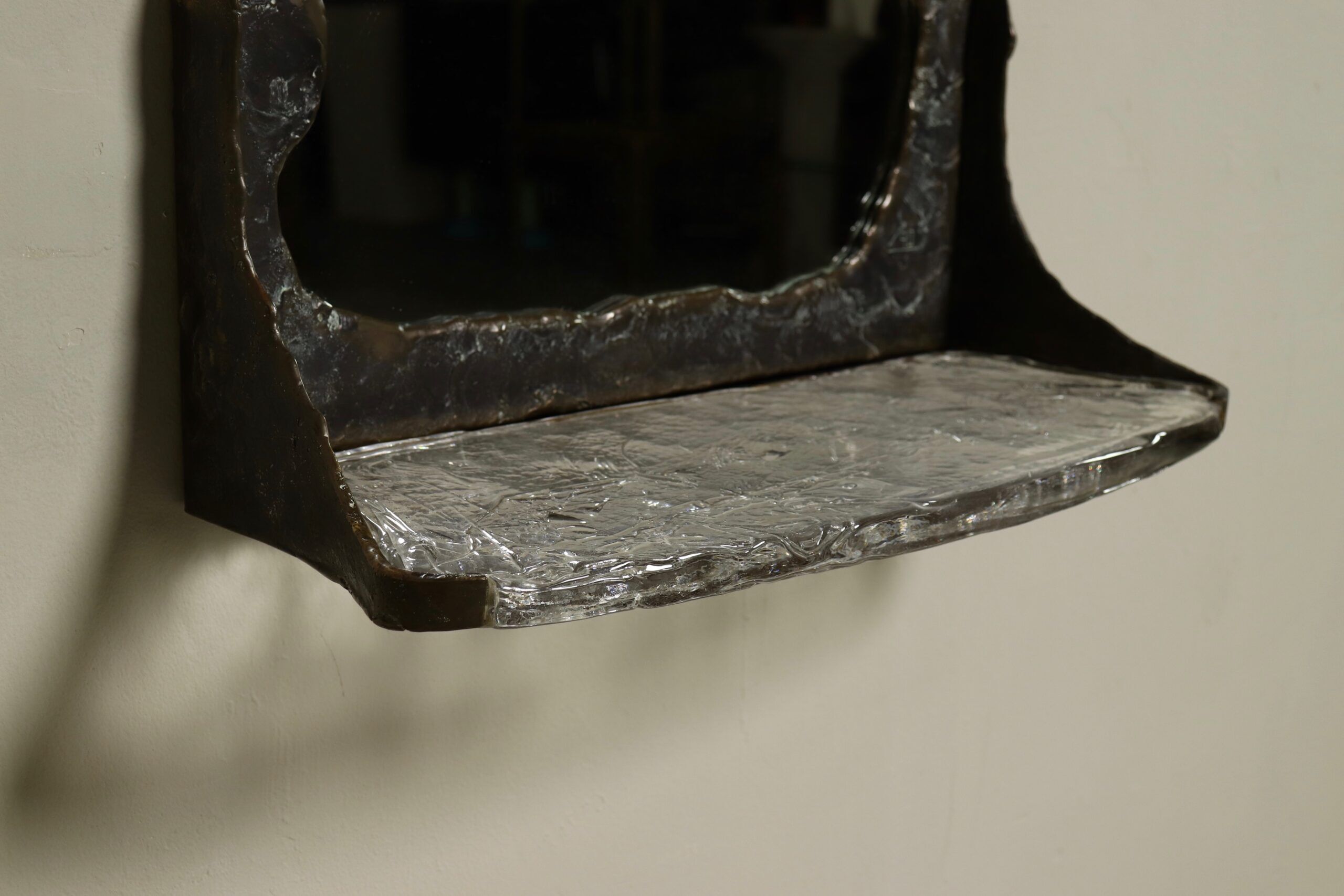 Lothar Klute sculptural bronze wall mirror with glass shelf 1990s