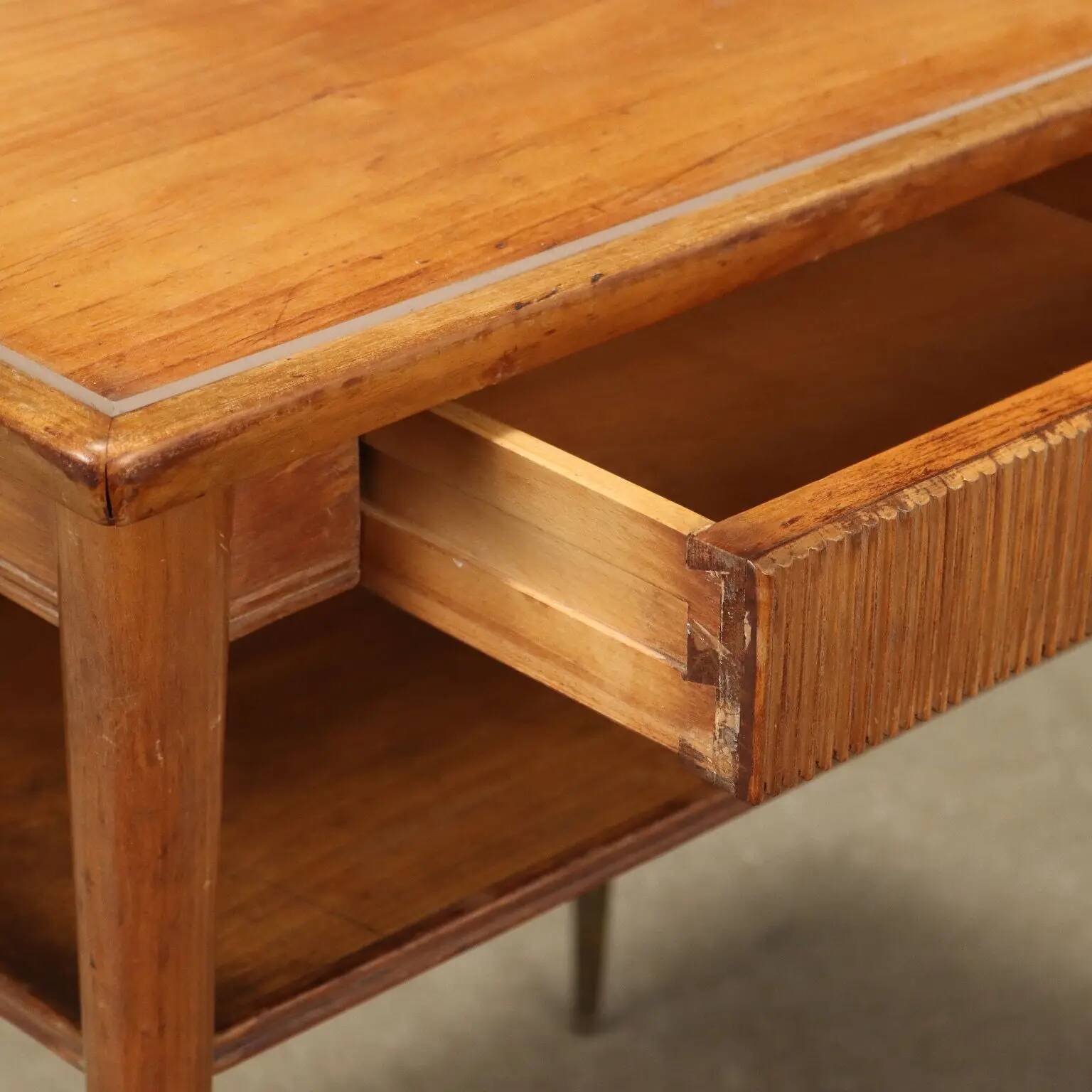 Vintage coffee table from the 1950s in brass, plexiglass, and ash wood, Italy.