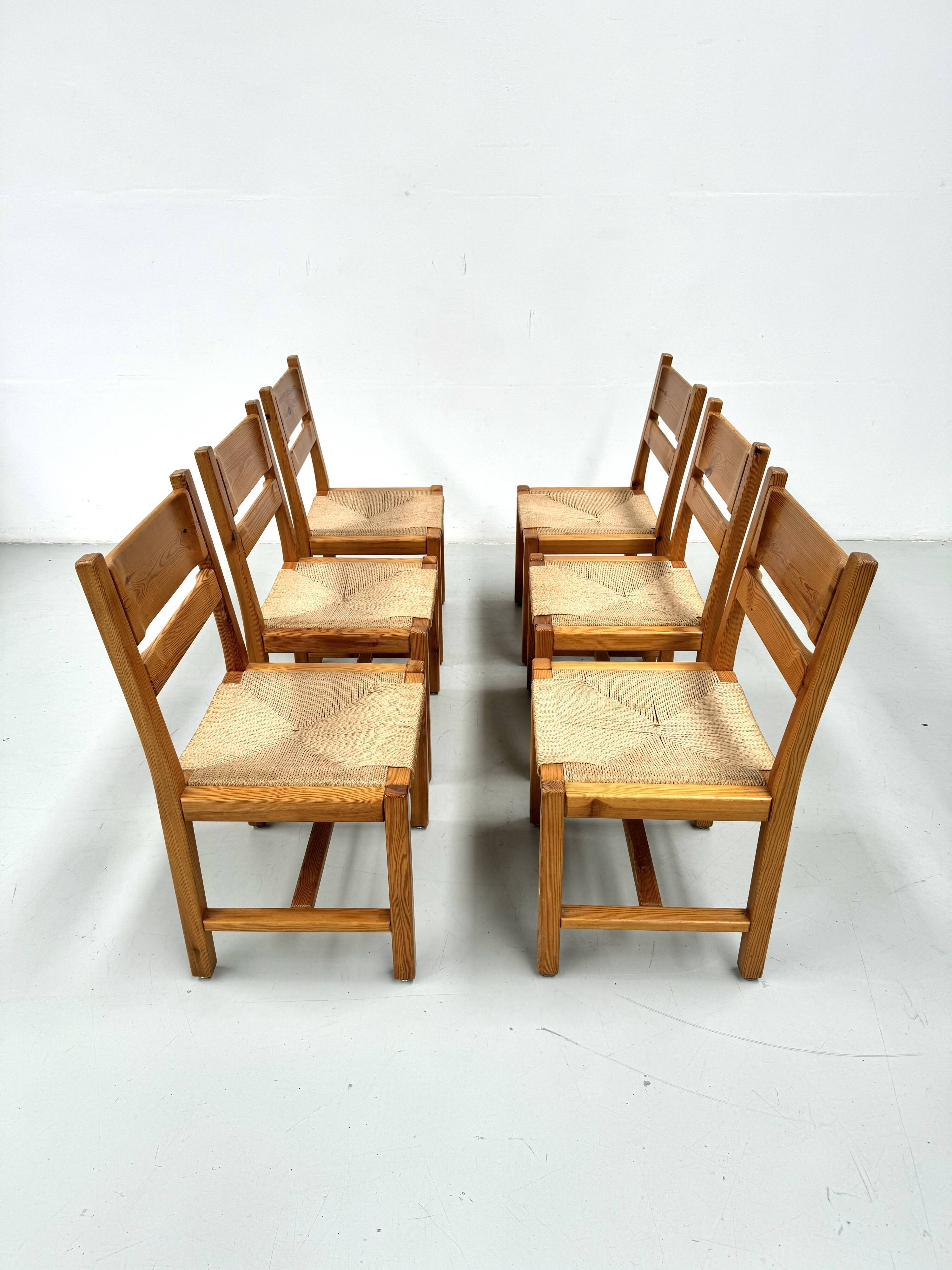 Chaises danoises vintage en pin avec corde en papier par TP Design pour Gm Møbler, années 1970, lot de 6