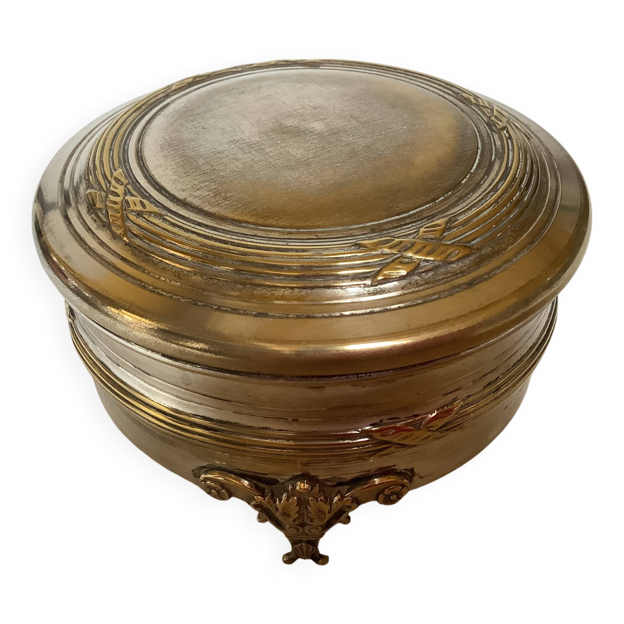 Antique silver-plated tripod box in the Louis XVI style.