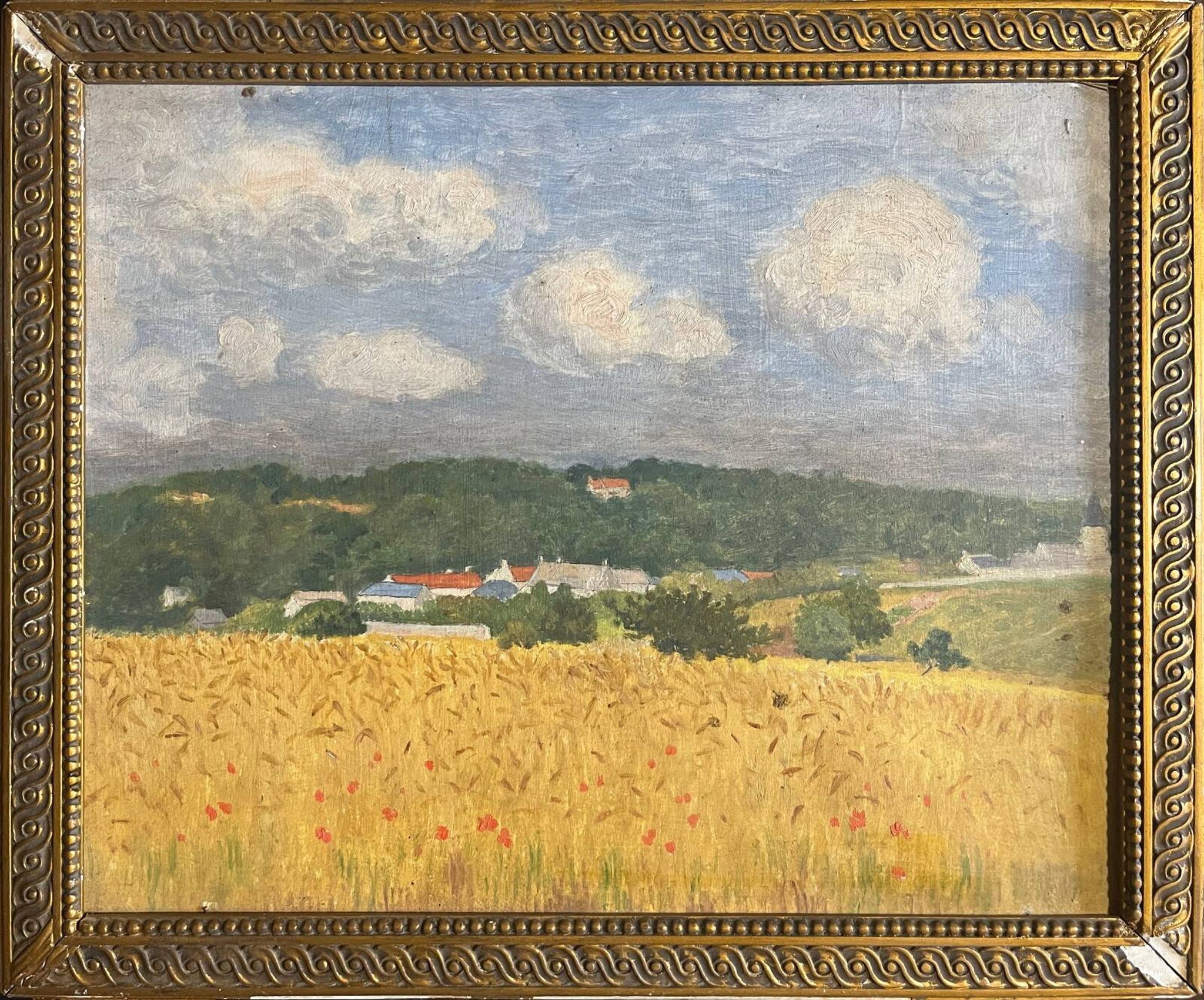 Tableau HSP "Paysage aux blés et coquelicots" post impressionniste 1900