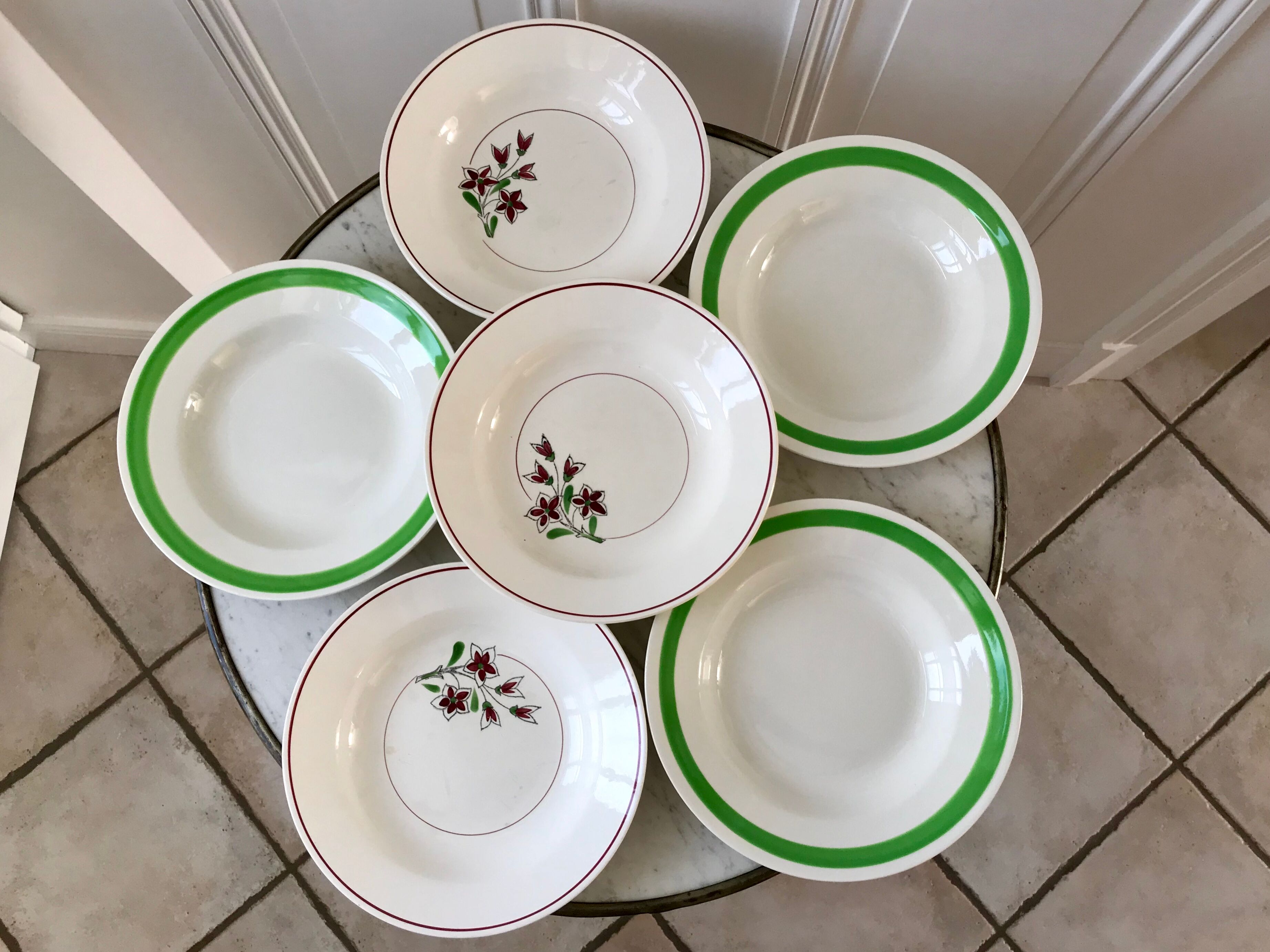 Set of 6 green and pink hollow plates Salins and Niderviller 40s