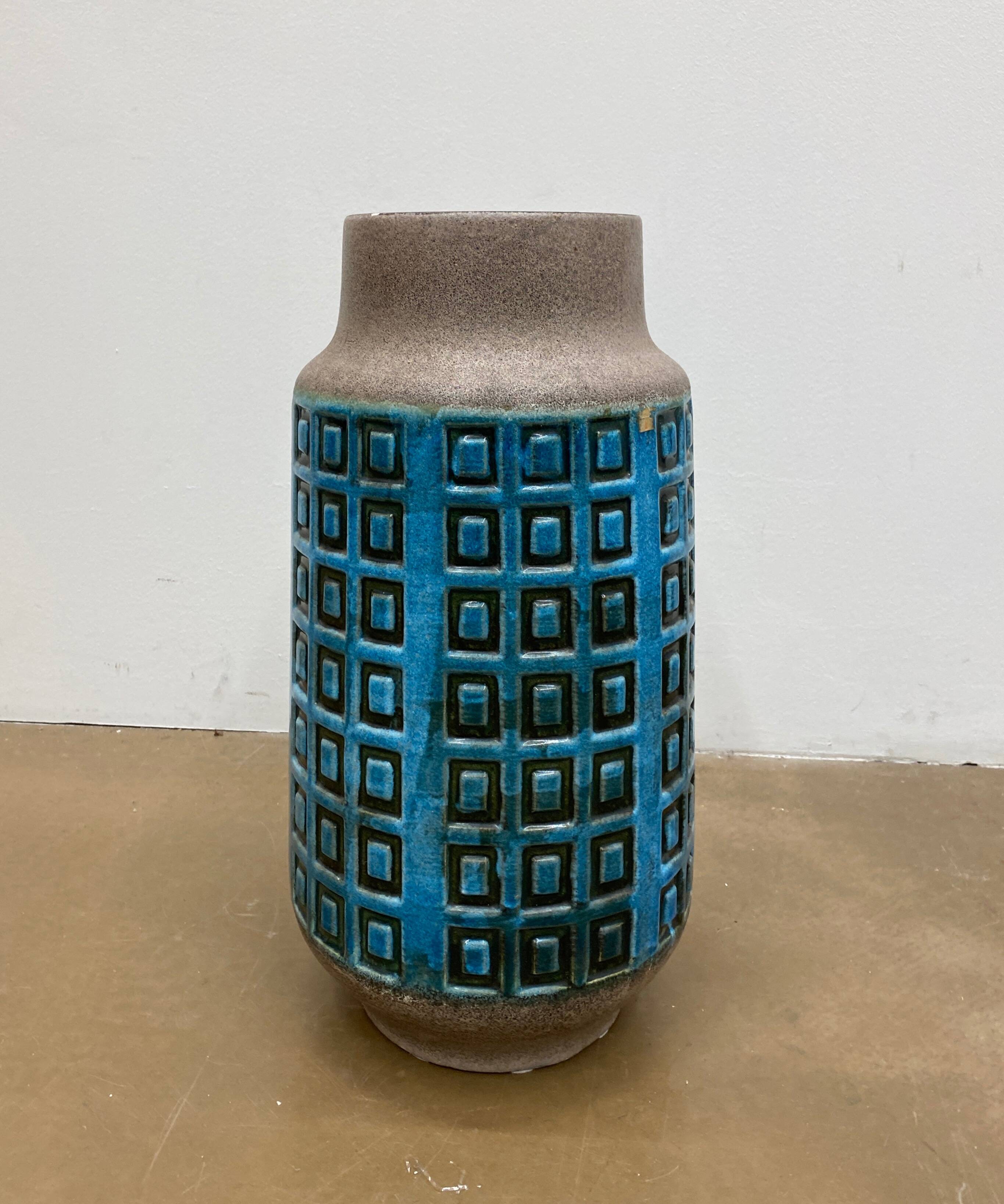 Large blue ceramic mid-century modern vase with graphic pattern