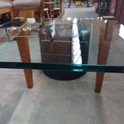 Modernist Design Side Table + 2 Blue Leather Poufs