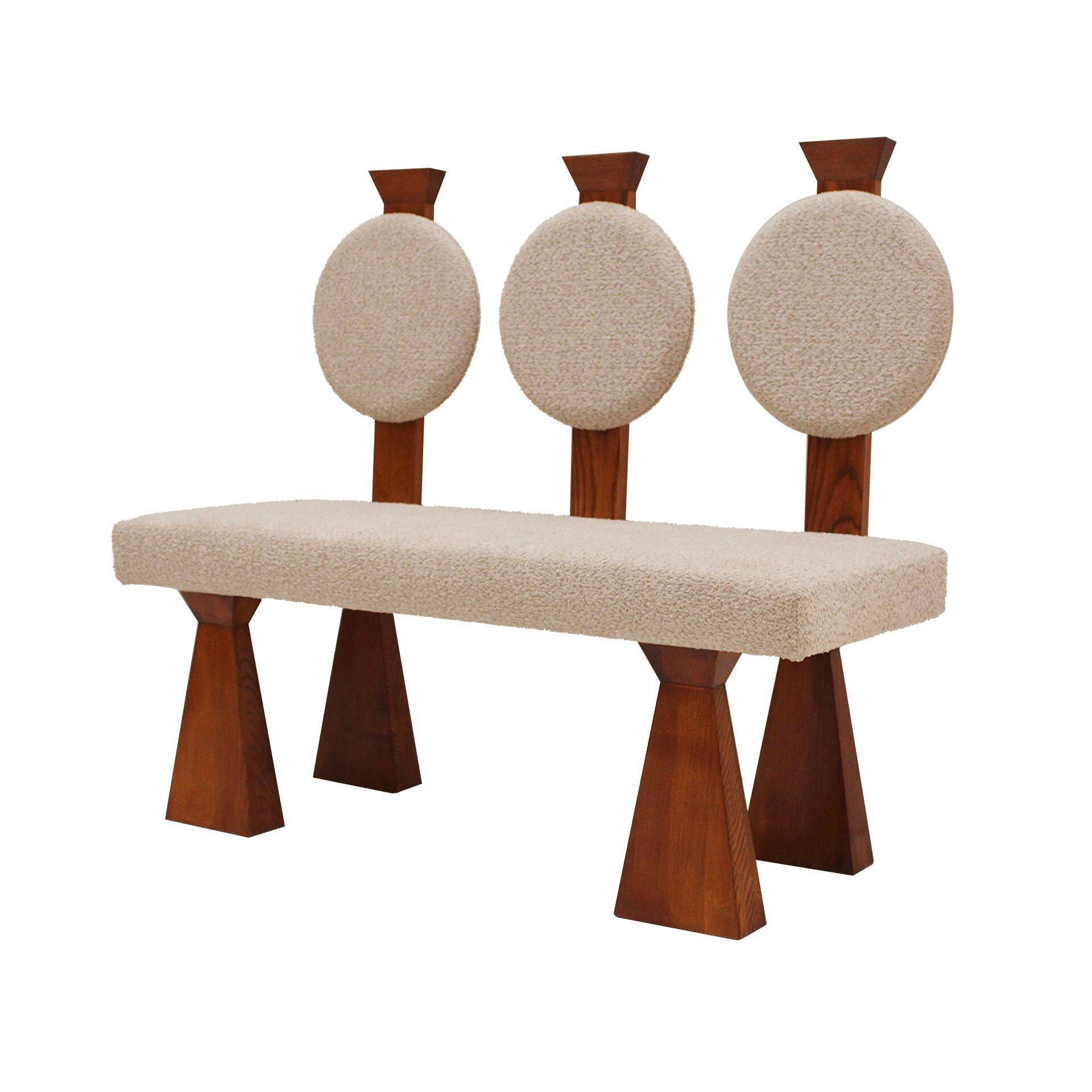 Contemporary Wooden Bench with Triple Circular Backrest Bouclé Upholstery, Italy