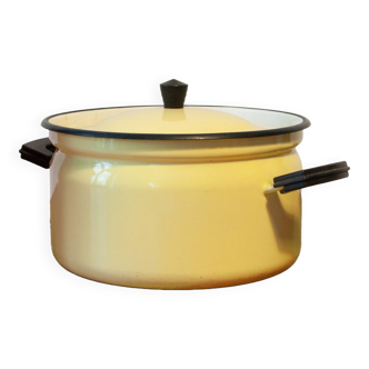 Bright yellow enameled metal stewpot - aubecq from the 1950s