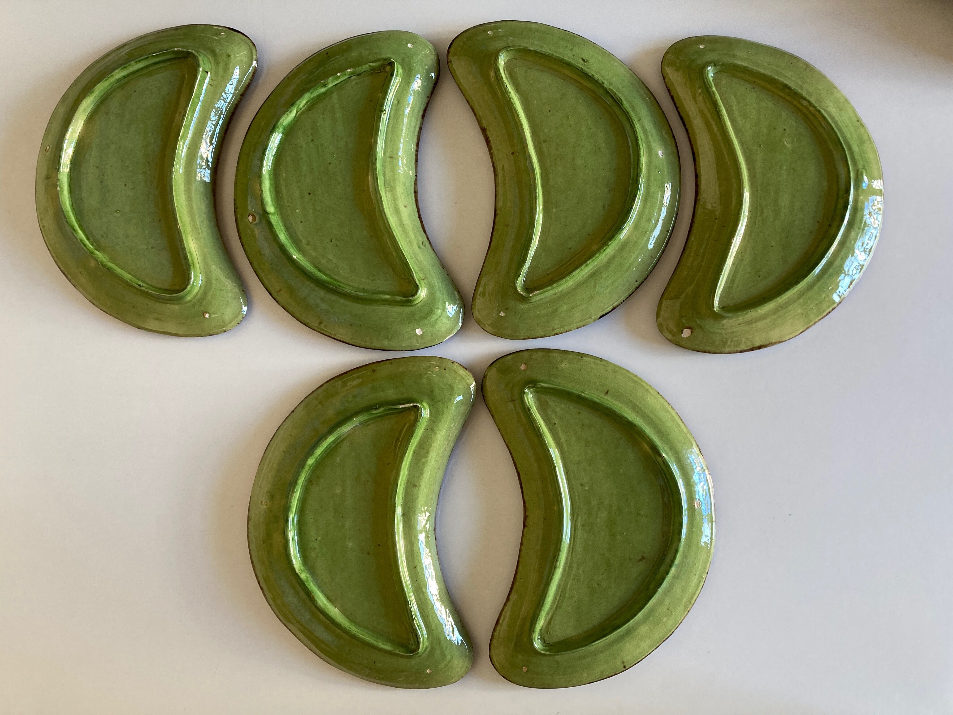 Set of 6 plates of green glazed earth Etienne Noël in Dieulefit 1950