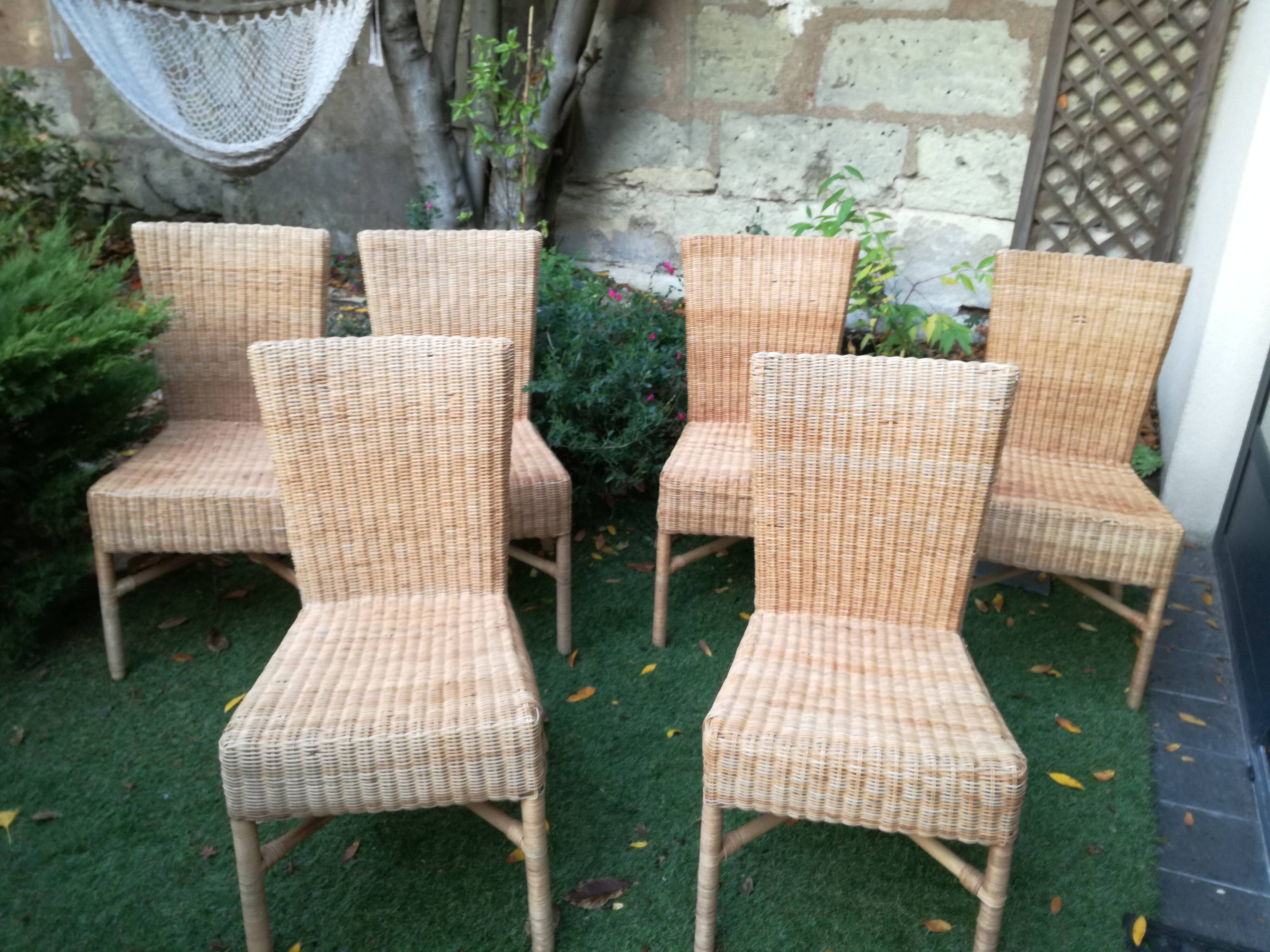 6 chaises vintage en bambou et osier 70's