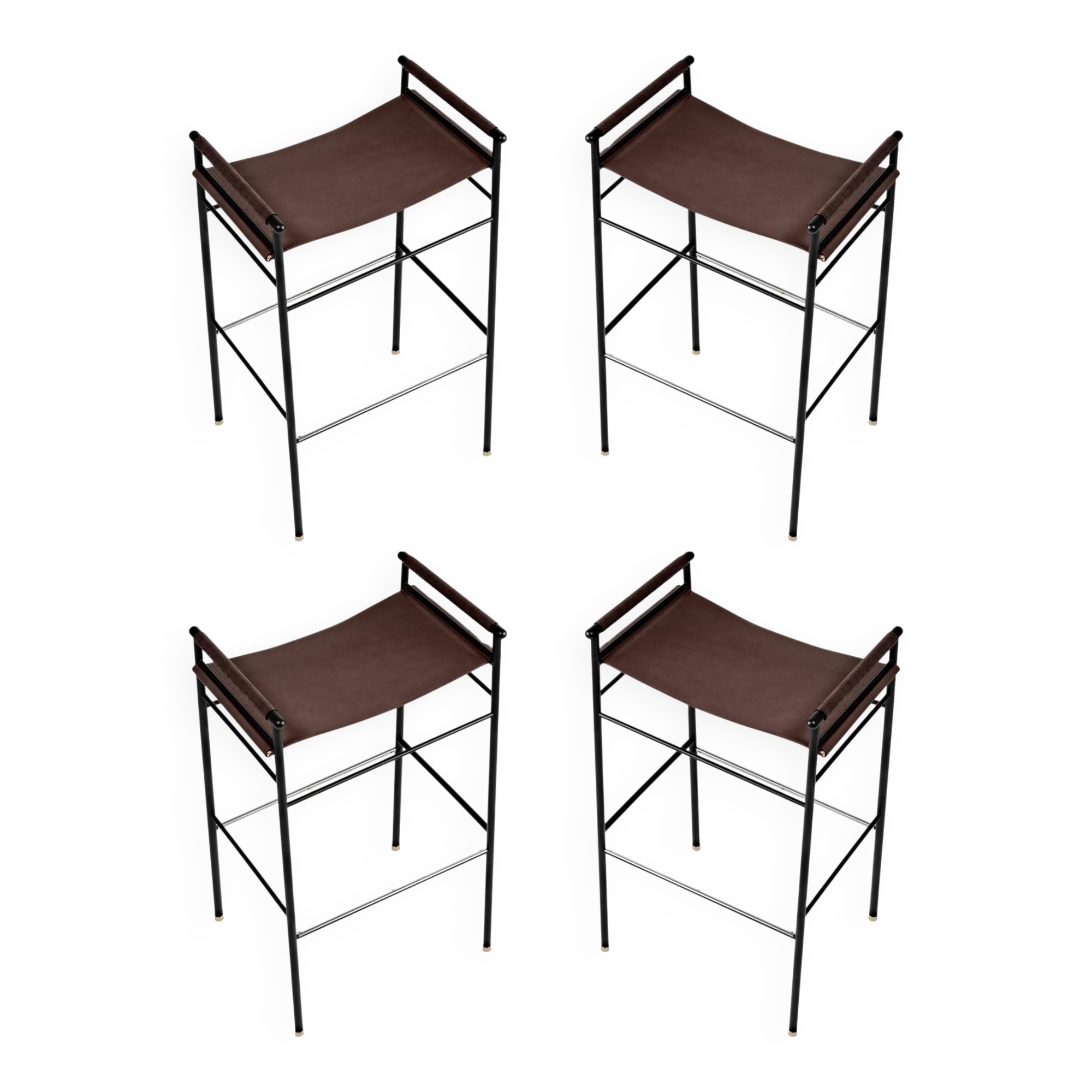 Jeu de 4 tabourets de bar Artisan Contemporary Cuir marron foncé Métal noir et caoutchouc