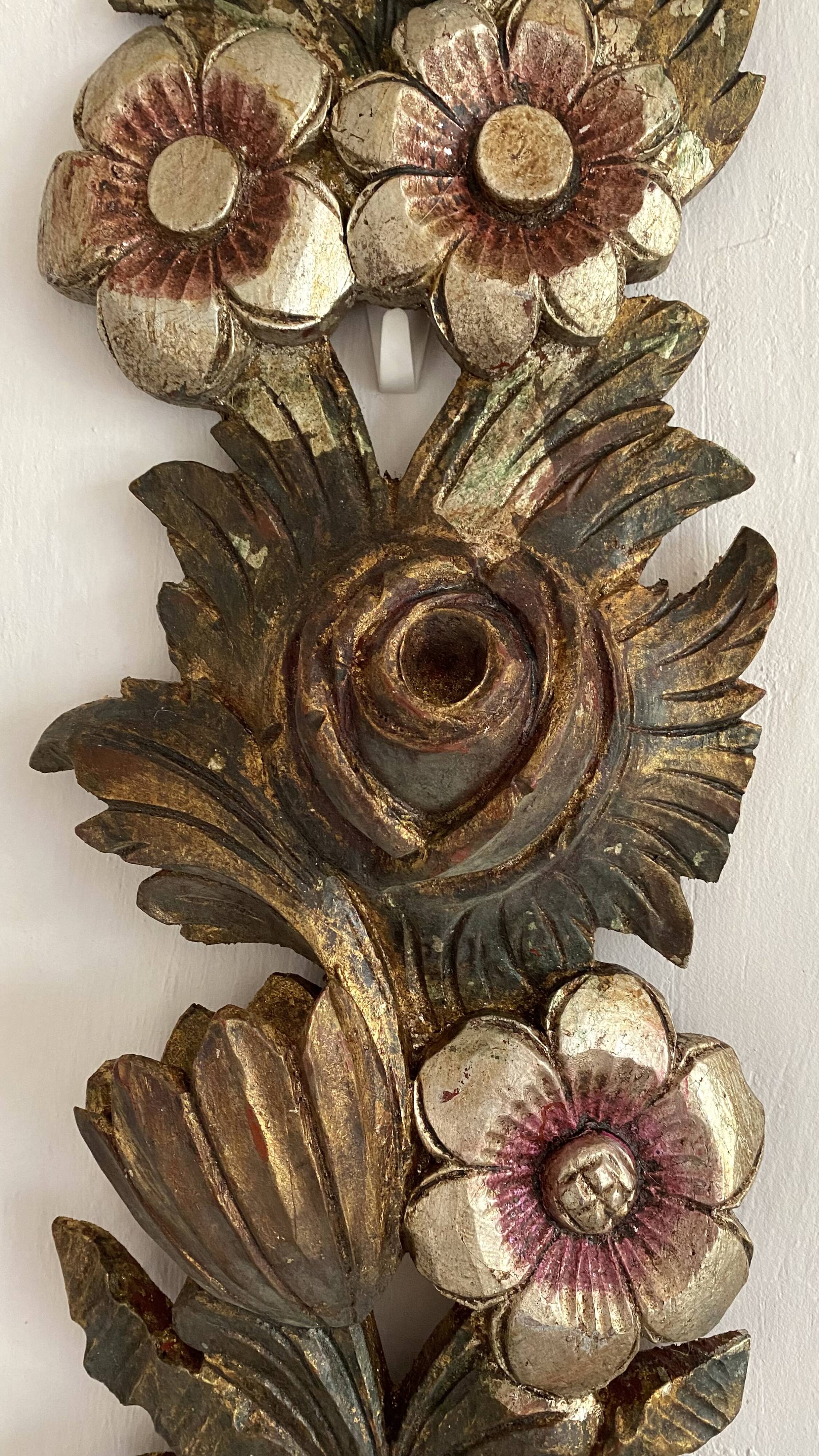 Decorative carved wooden ornament bouquet flowers and ribbon