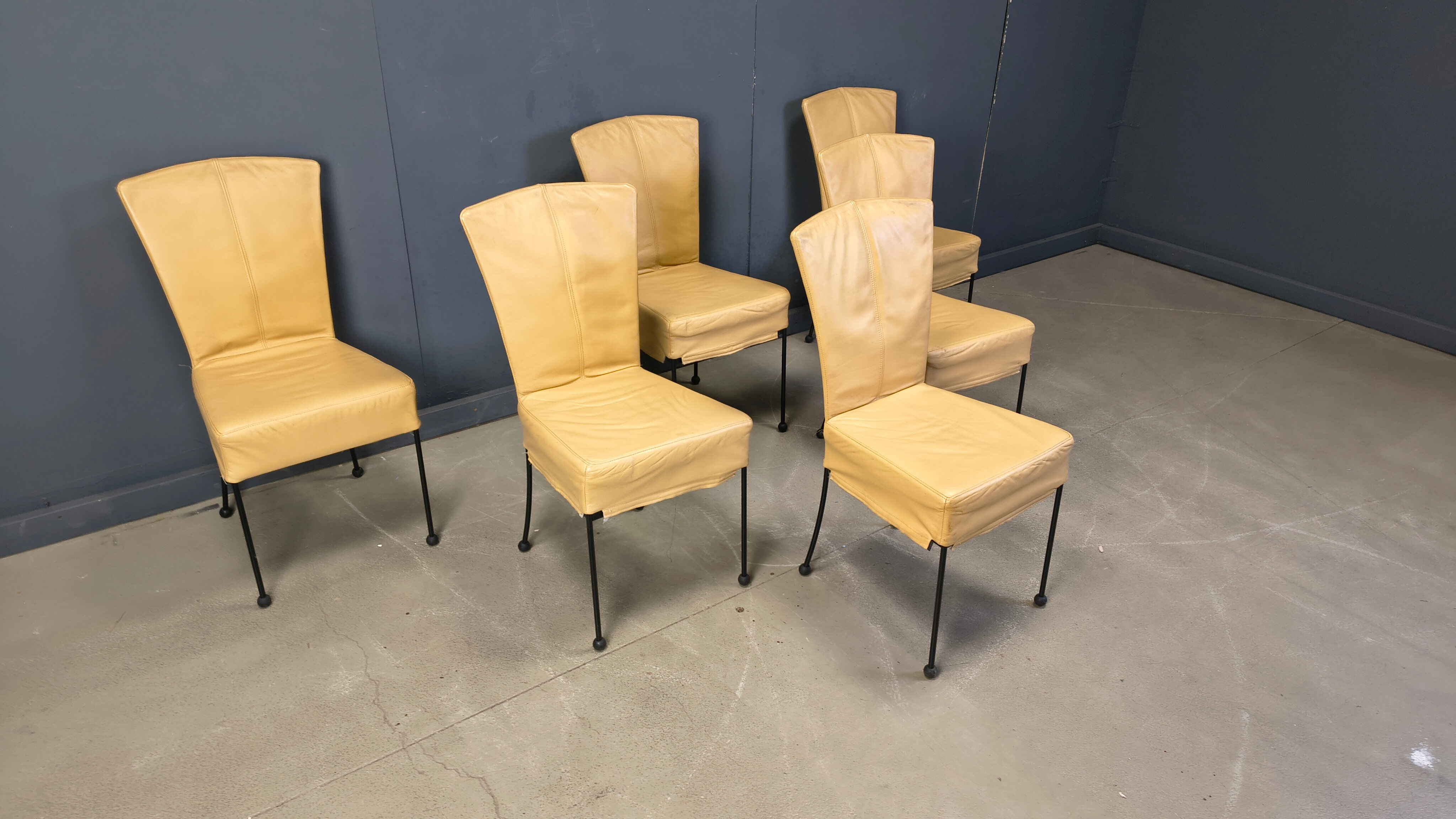 Vintage leather dining chairs, set of 6, 1980s